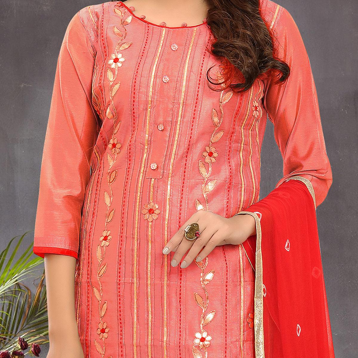 Elegant Peach Colored Festive Wear Embroidered Modal Silk Dress Material - Peachmode