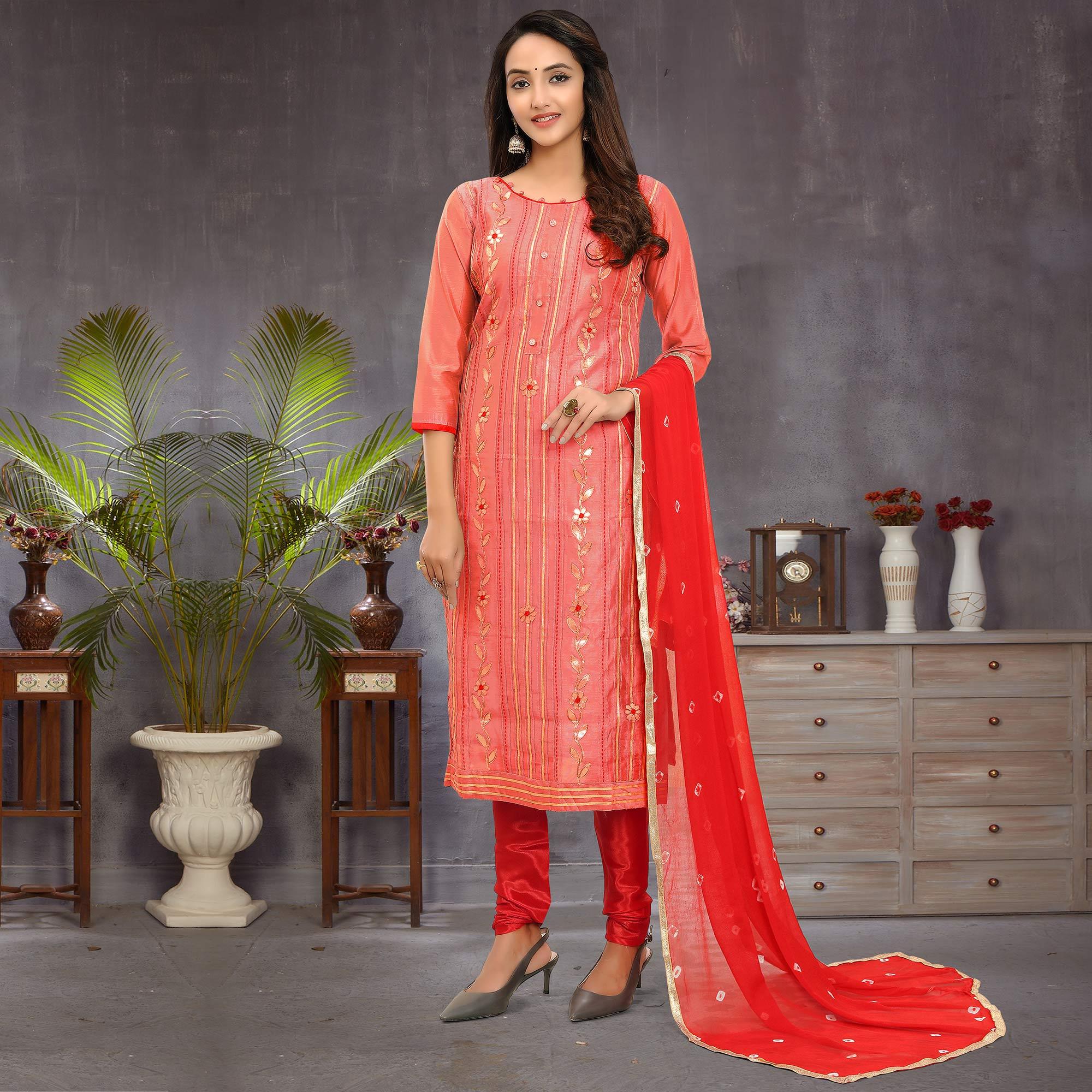 Elegant Peach Colored Festive Wear Embroidered Modal Silk Dress Material - Peachmode