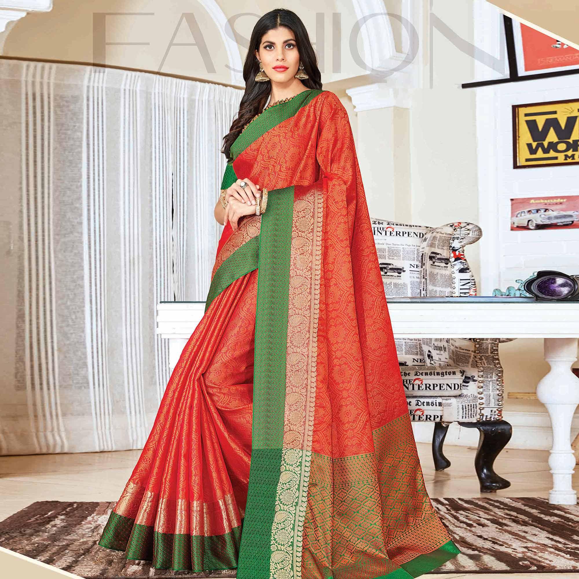 Elegant Peach Colored Festive Wear Woven Handloom Silk Saree - Peachmode