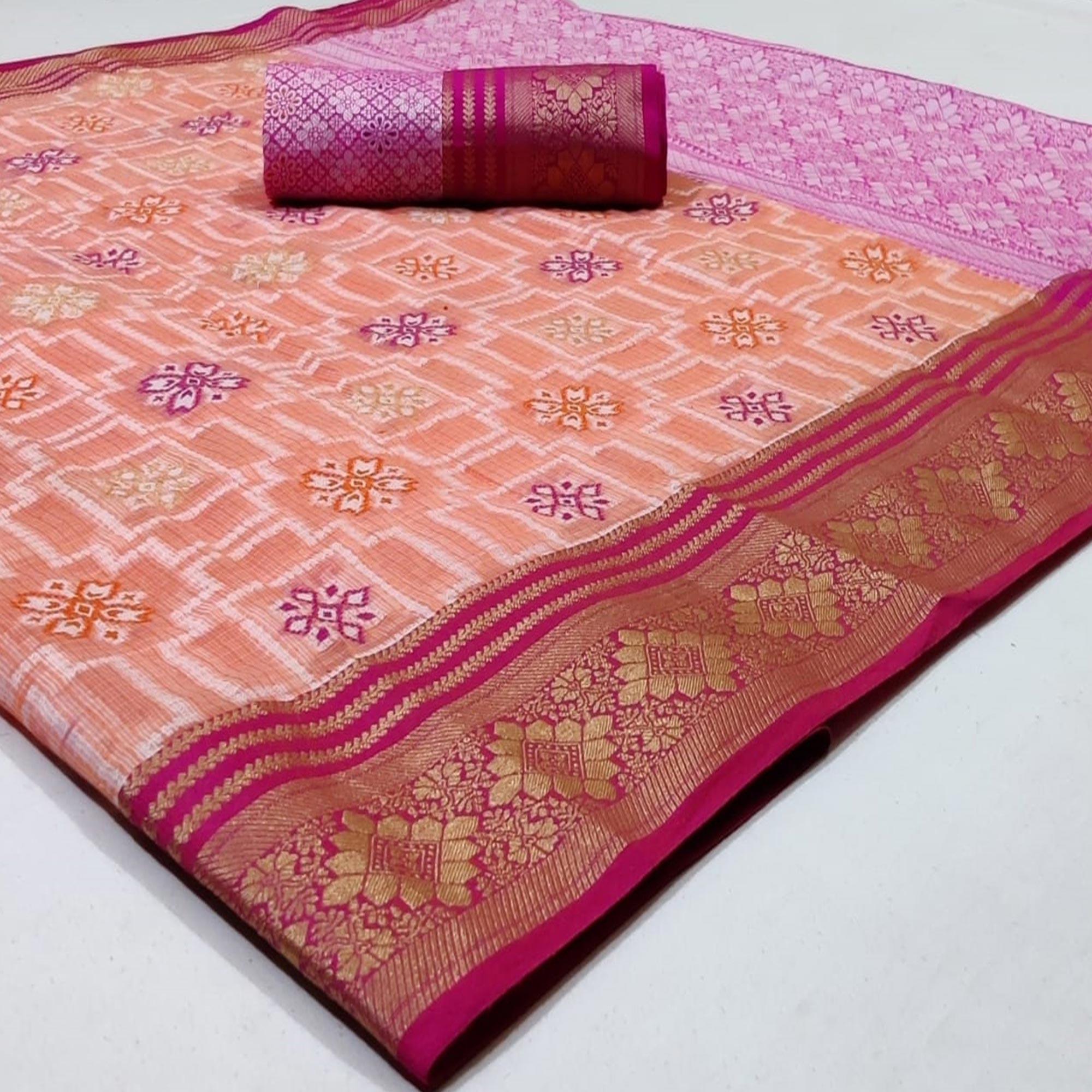 Elegant Peach Colored Festive Wear Woven Kota Silk Saree - Peachmode