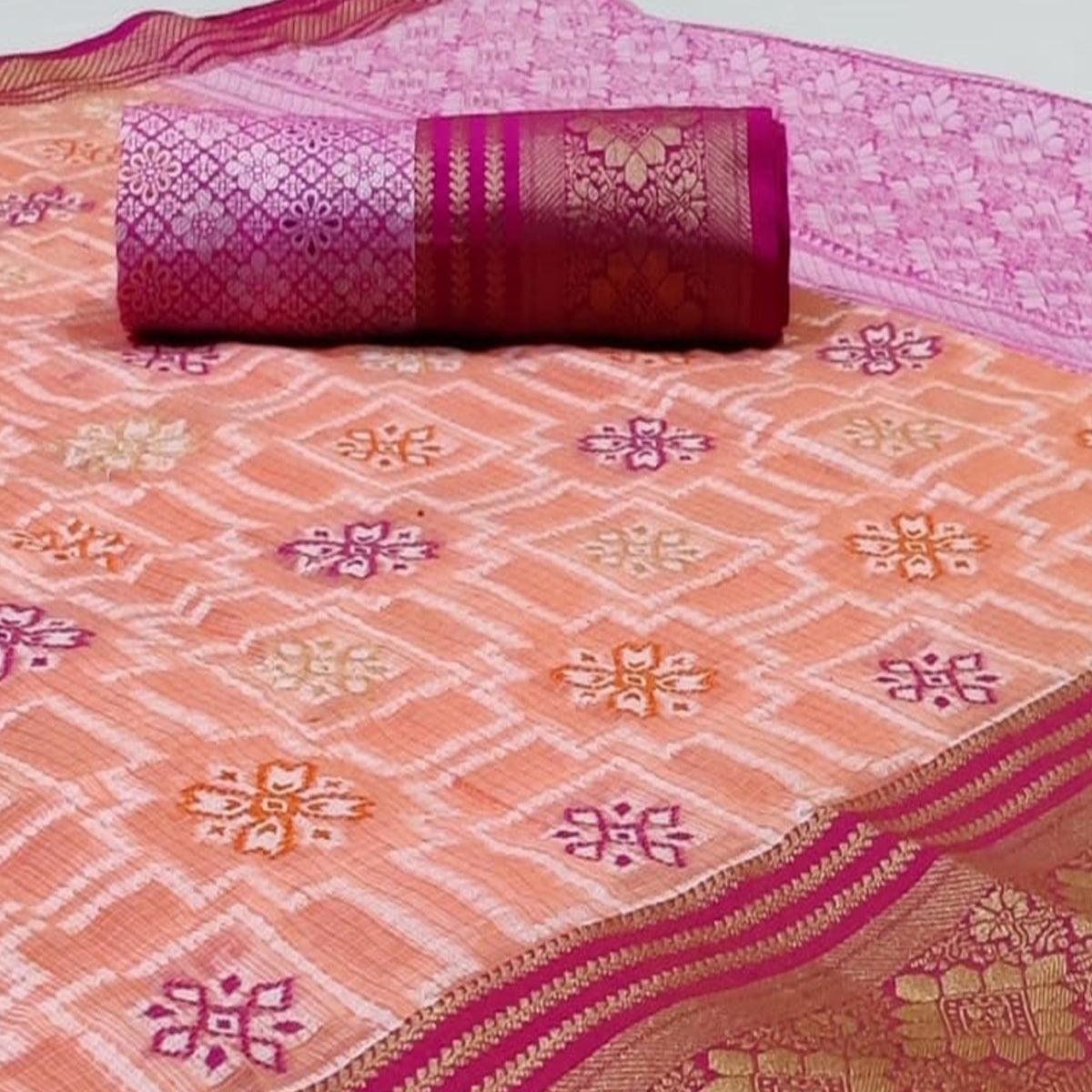 Elegant Peach Colored Festive Wear Woven Kota Silk Saree - Peachmode
