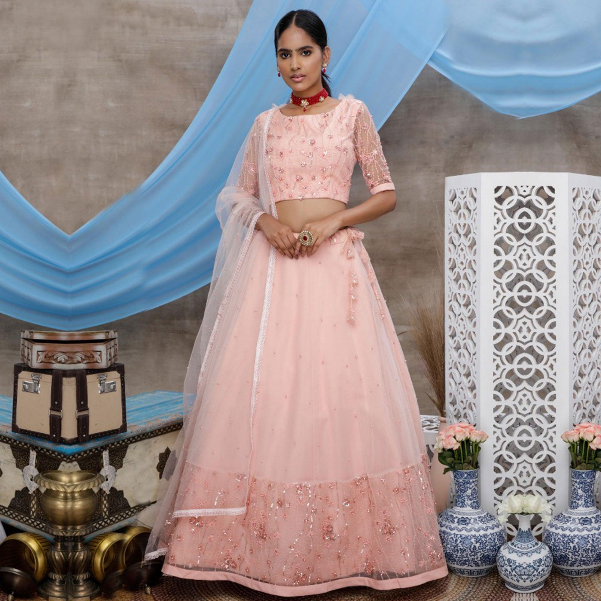 Elegant Peach Colored Party Wear Embroidered Net Lehenga Choli - Peachmode