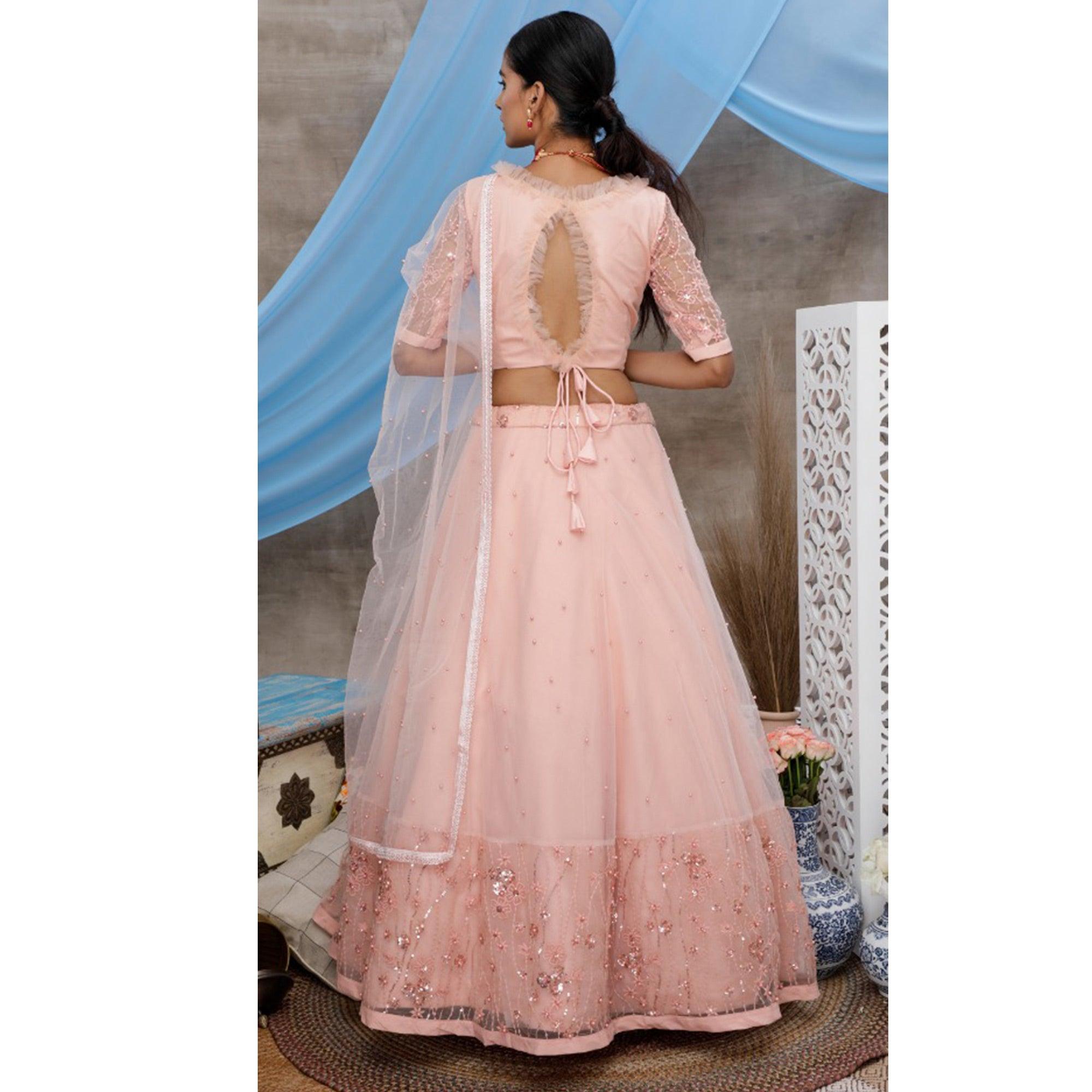 Elegant Peach Colored Party Wear Embroidered Net Lehenga Choli - Peachmode