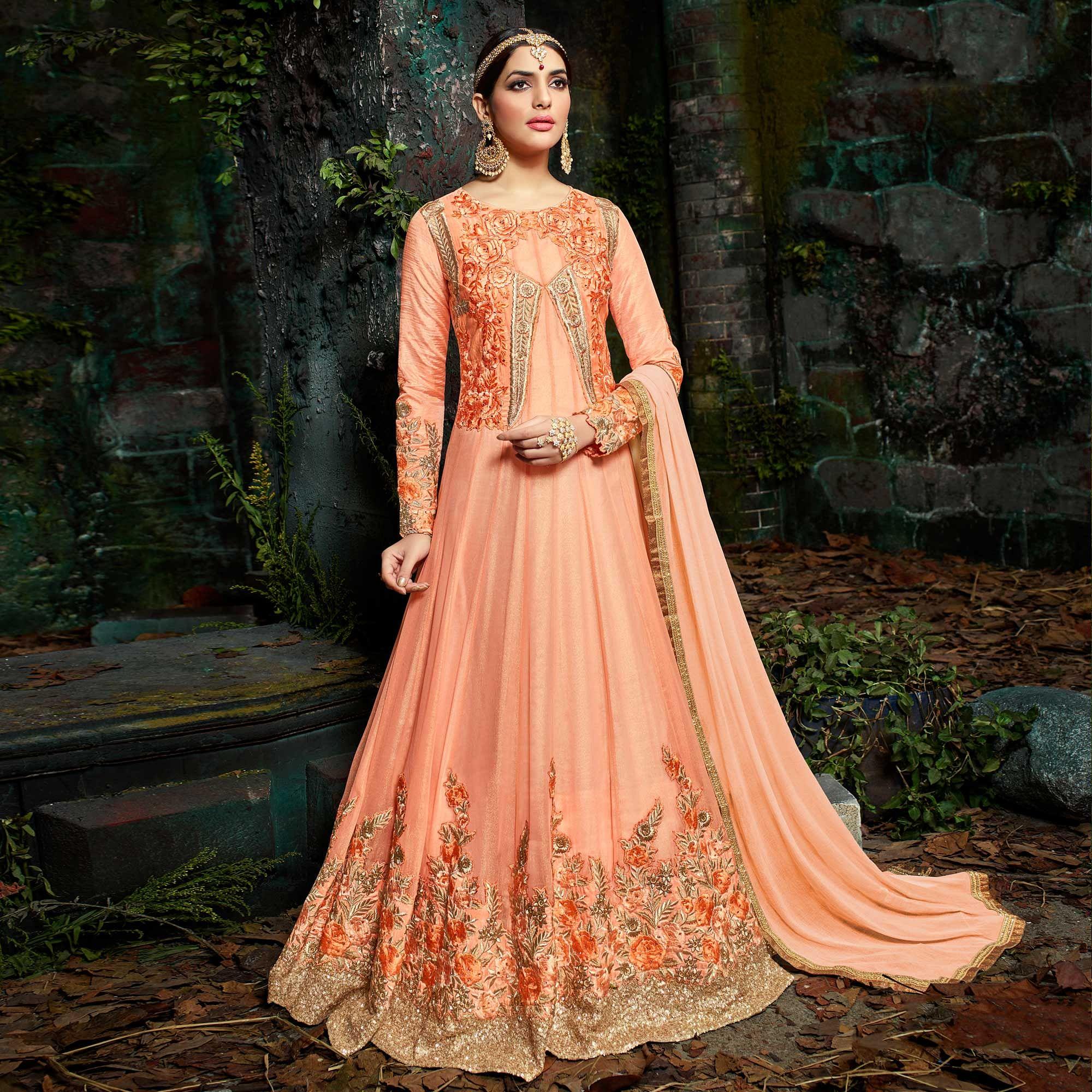 Elegant Peach Pure Georgette Designer Anarkali Suit - Peachmode