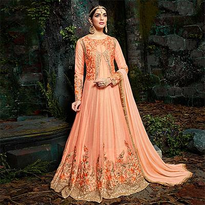 Elegant Peach Pure Georgette Designer Anarkali Suit - Peachmode