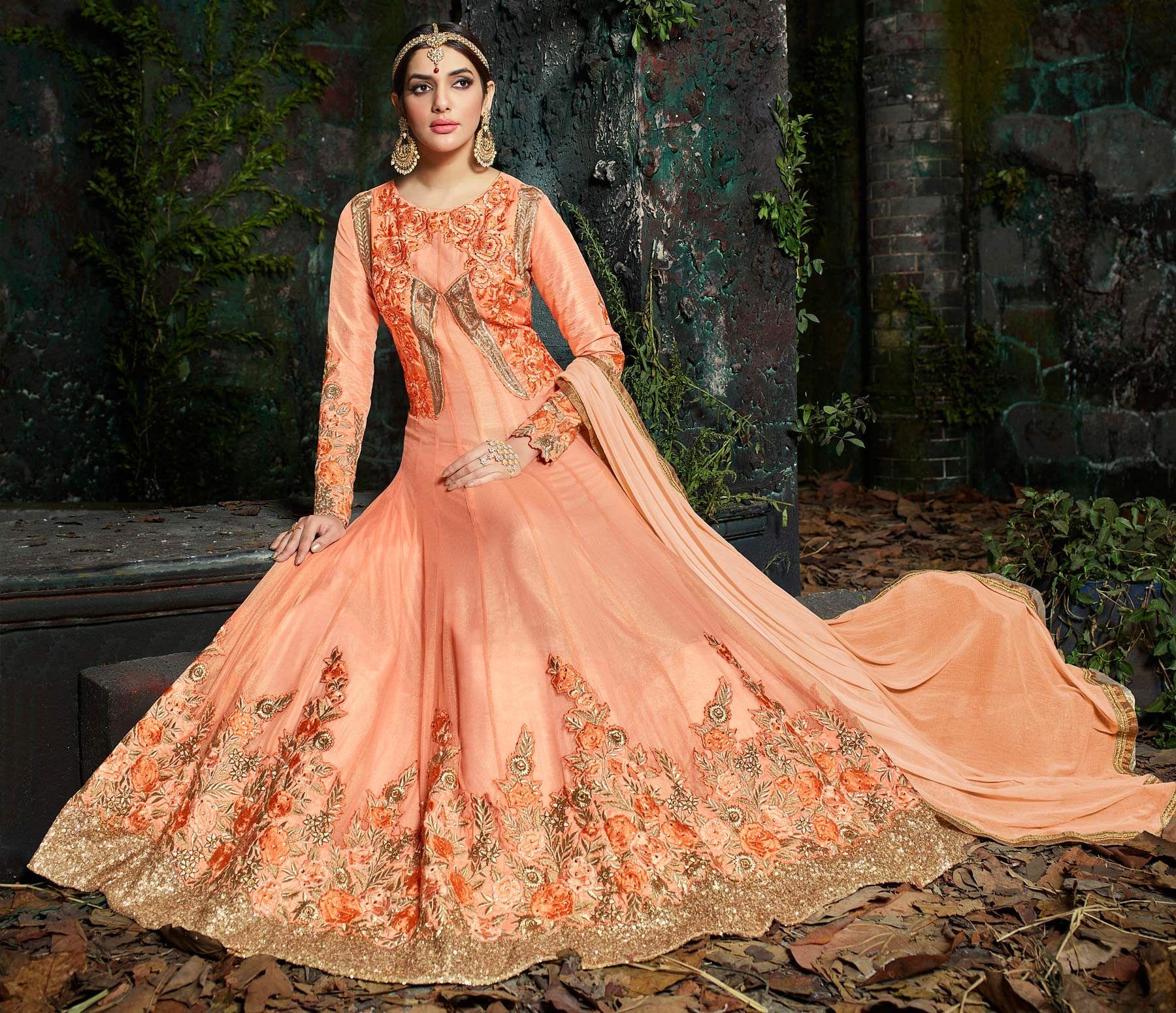 Elegant Peach Pure Georgette Designer Anarkali Suit - Peachmode