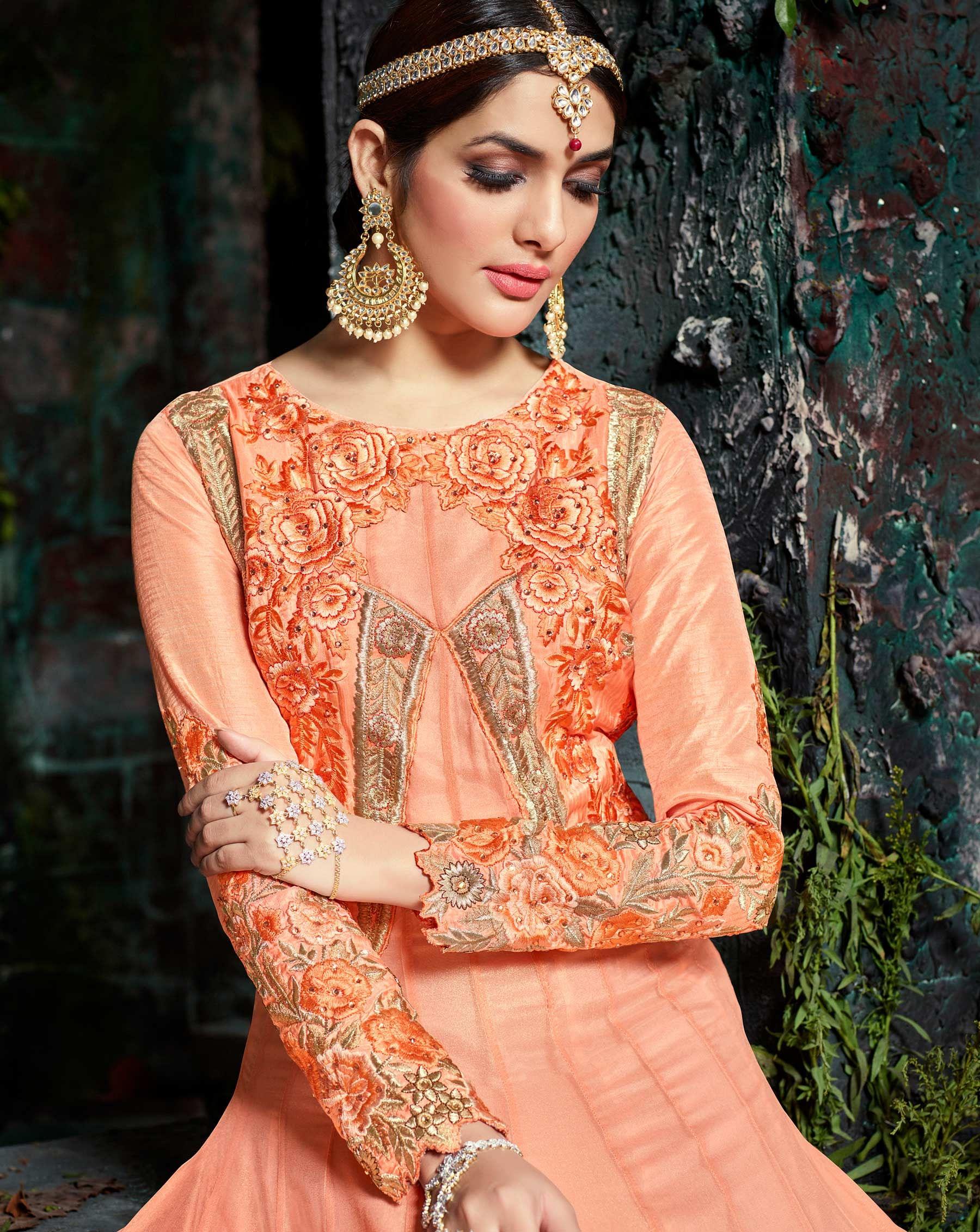Elegant Peach Pure Georgette Designer Anarkali Suit - Peachmode