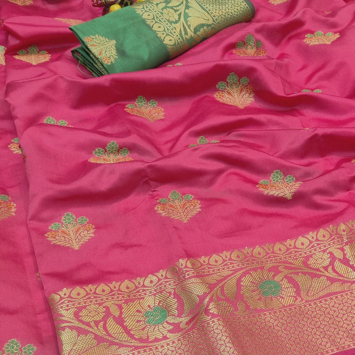 Elegant Pink Colored Festive Wear Woven Lichi Silk Saree - Peachmode