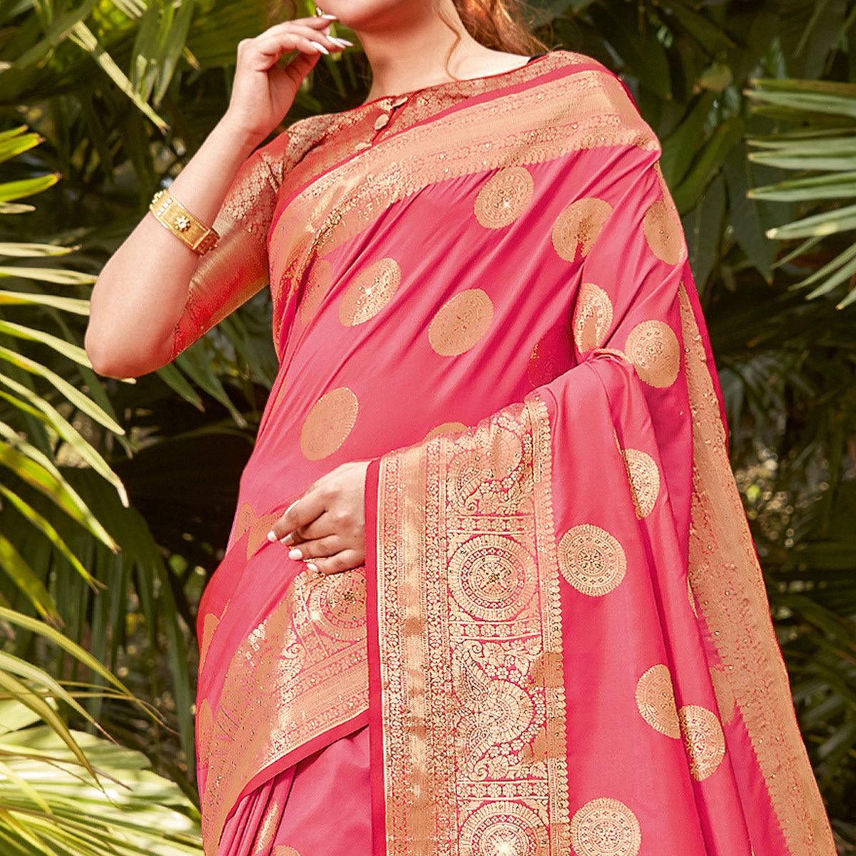 Elegant Pink Colored Festive Wear Woven Silk Saree - Peachmode