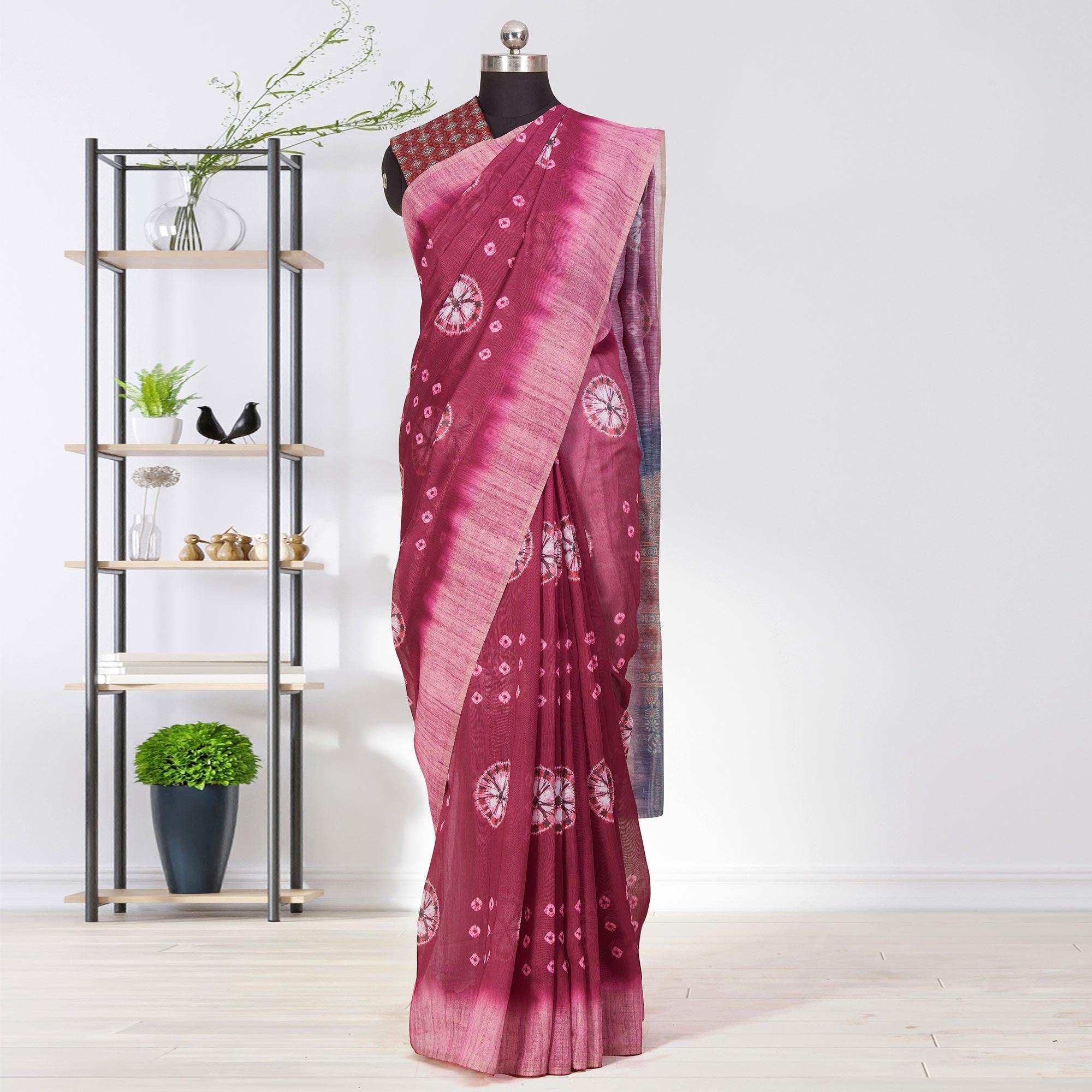Elegant Purple Coloured Casual Wear Printed Linen Saree - Peachmode