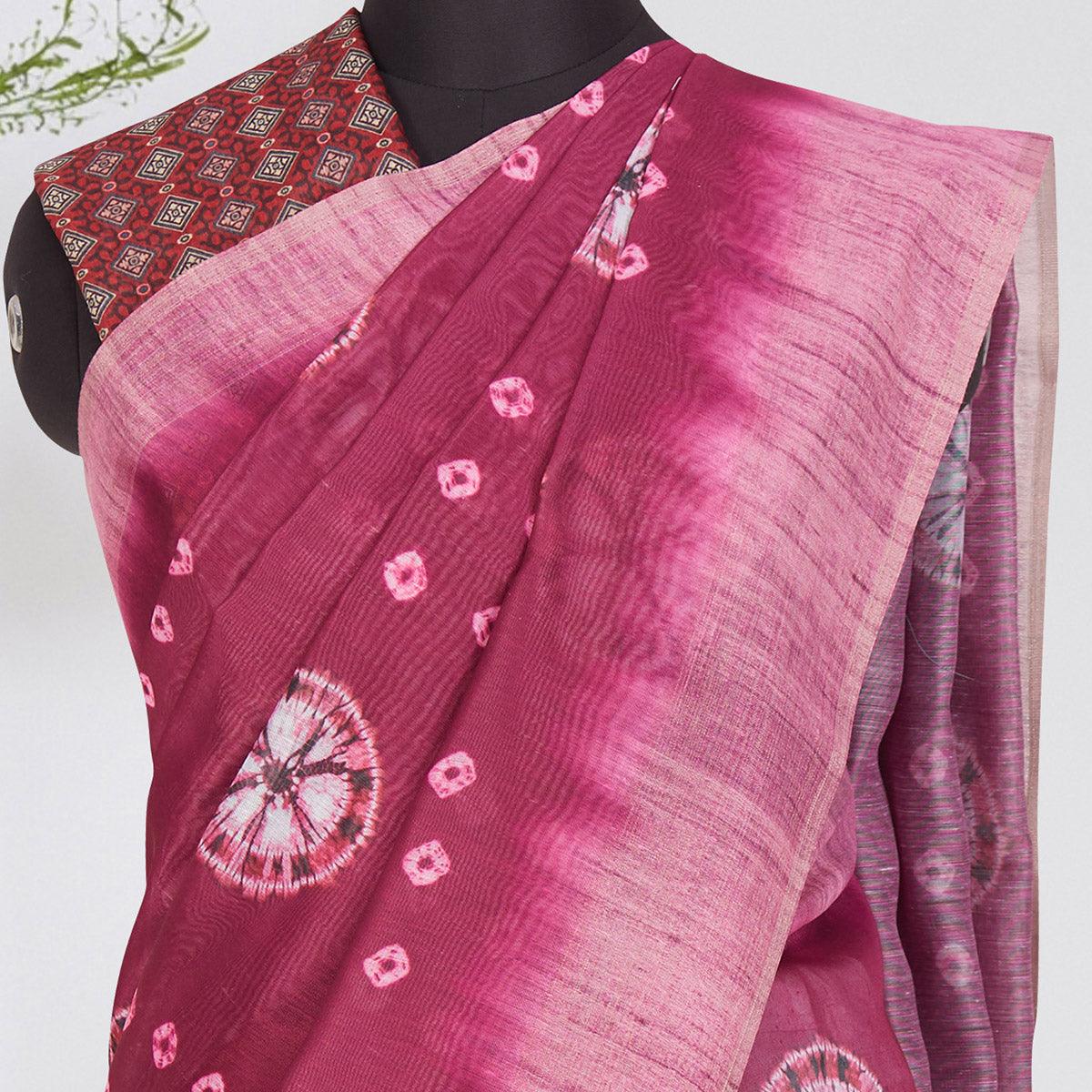 Elegant Purple Coloured Casual Wear Printed Linen Saree - Peachmode