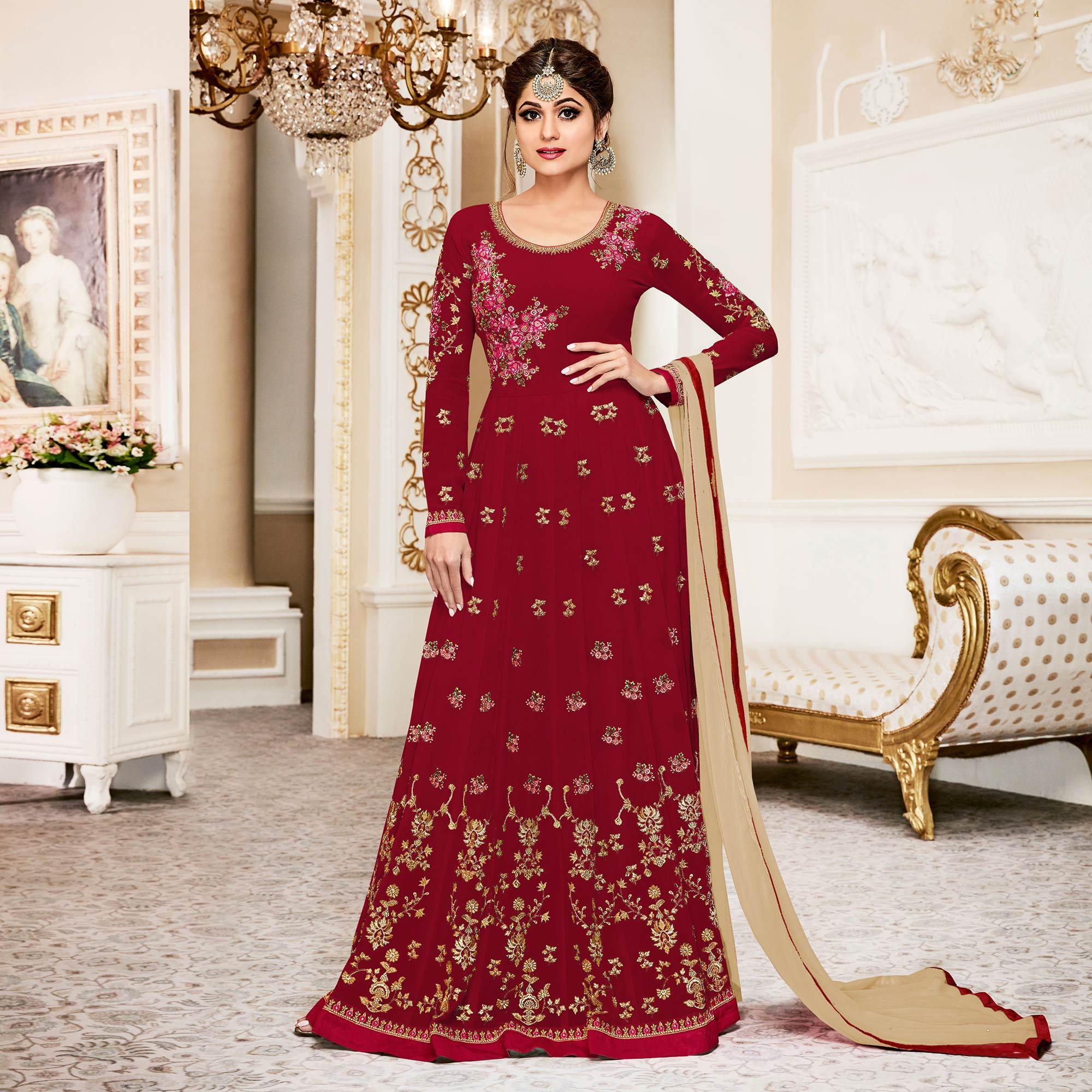 Elegant Red Colored Designer Embroidered Georgette Anarkali Suit - Peachmode