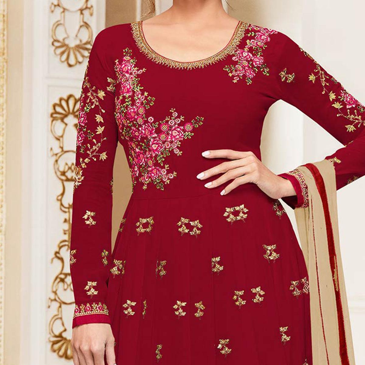 Elegant Red Colored Designer Embroidered Georgette Anarkali Suit - Peachmode