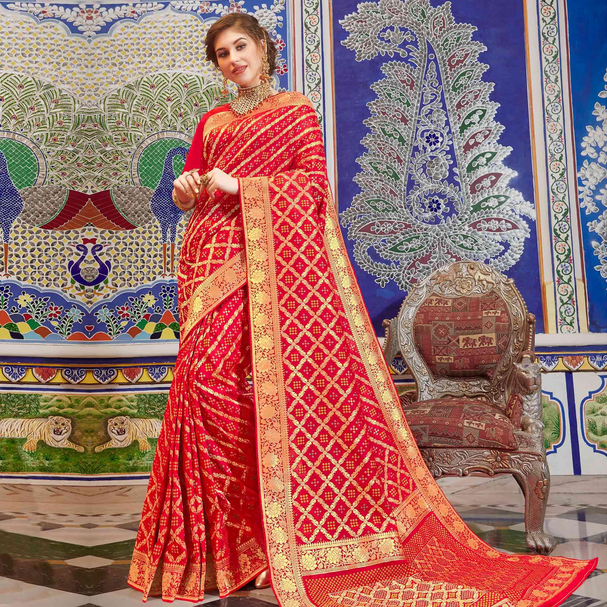 Elegant Red Colored Festive Wear Woven Handloom Silk Saree - Peachmode