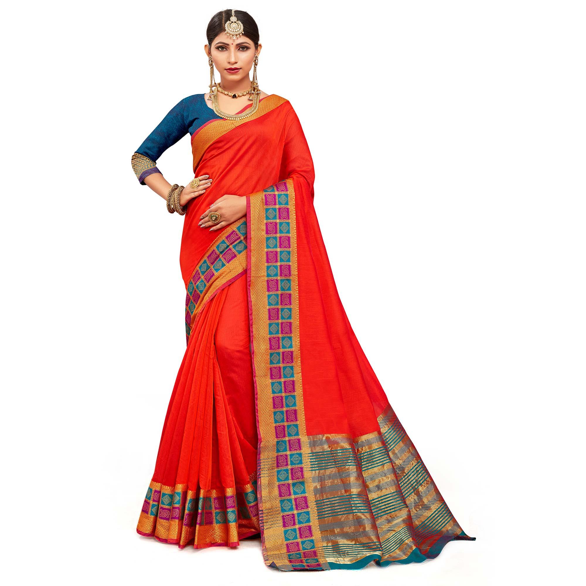 Elegant Red Colored Festive Wear Woven Kanjivaram Silk Saree - Peachmode
