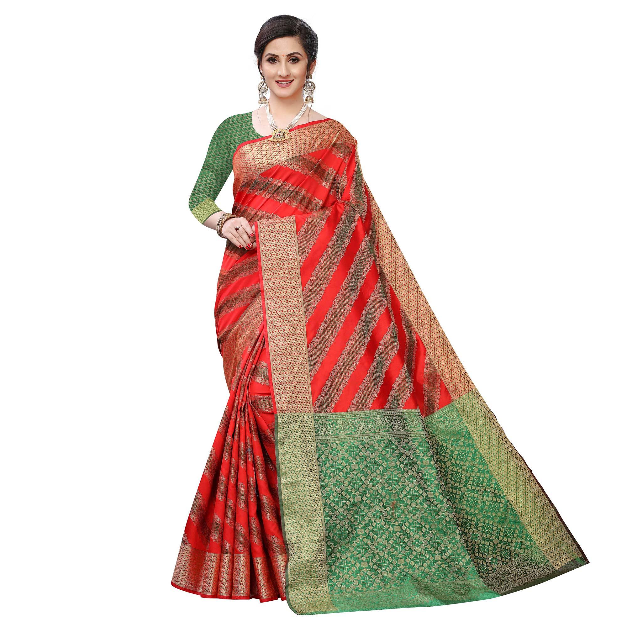 Elegant Red Colored Festive Wear Woven Kanjivaram Silk Saree - Peachmode
