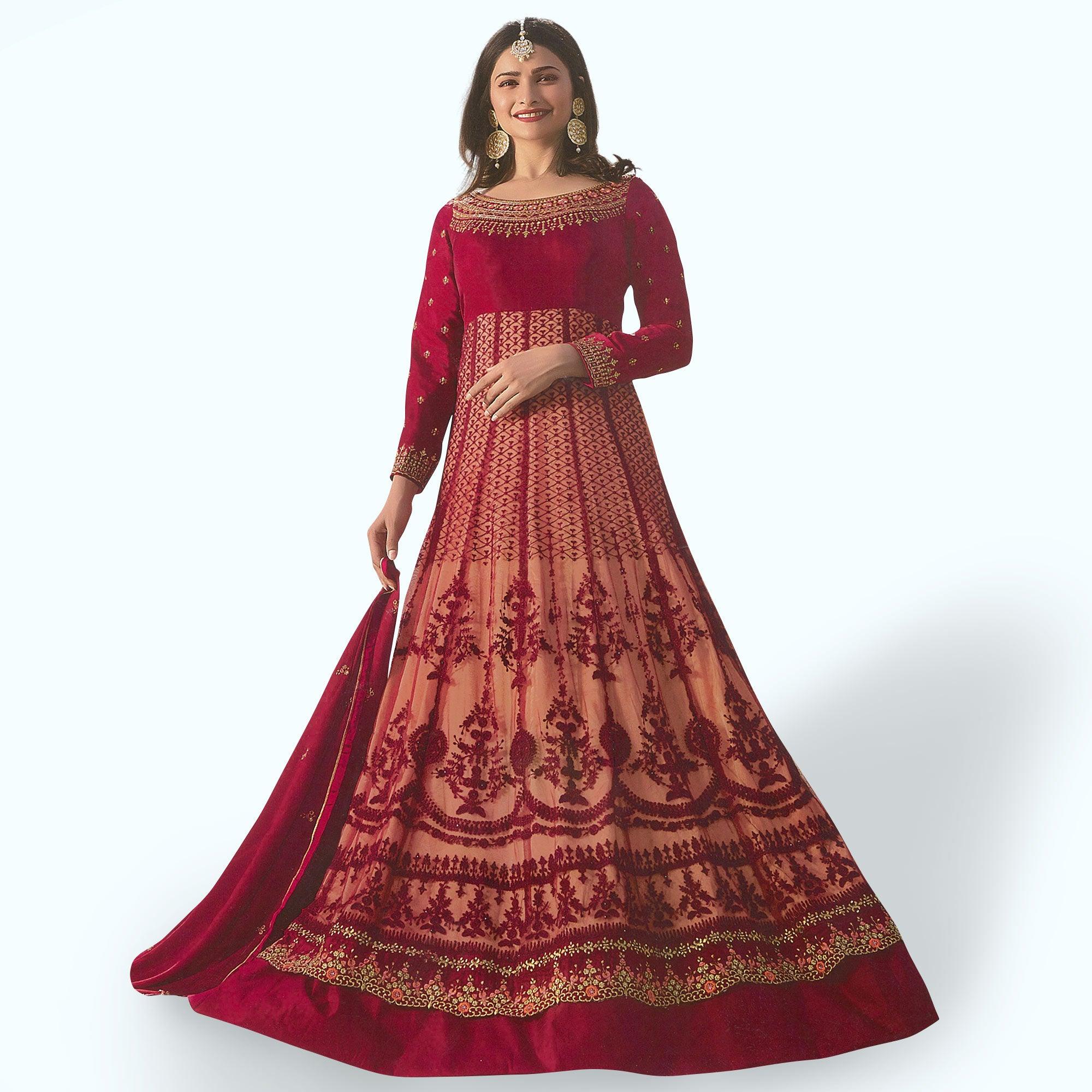 Elegant Red Colored Party Wear Embroidered Georgette Anarkali Suit - Peachmode