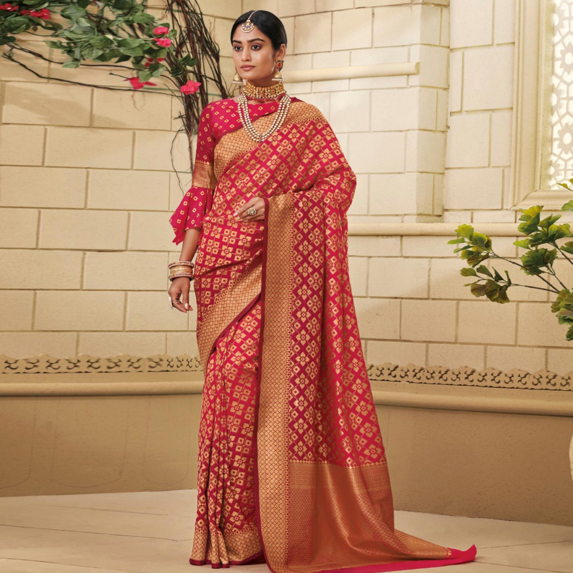 Elegant Reddish Pink Colored Festive Wear Woven Soft Silk Saree - Peachmode