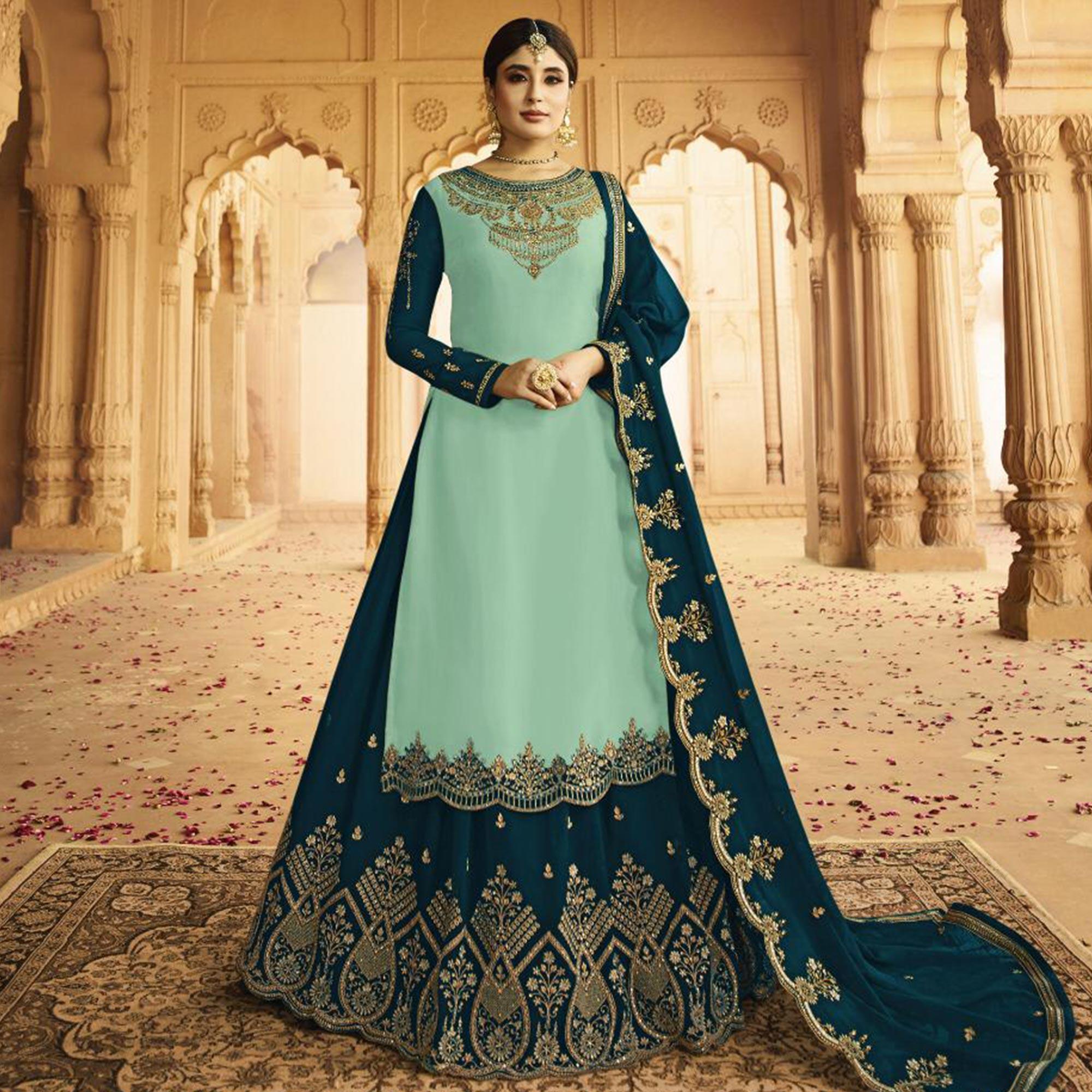 Elegant Sky Blue Colored Partywear Embroidered Georgette Satin Lehenga Kameez - Peachmode