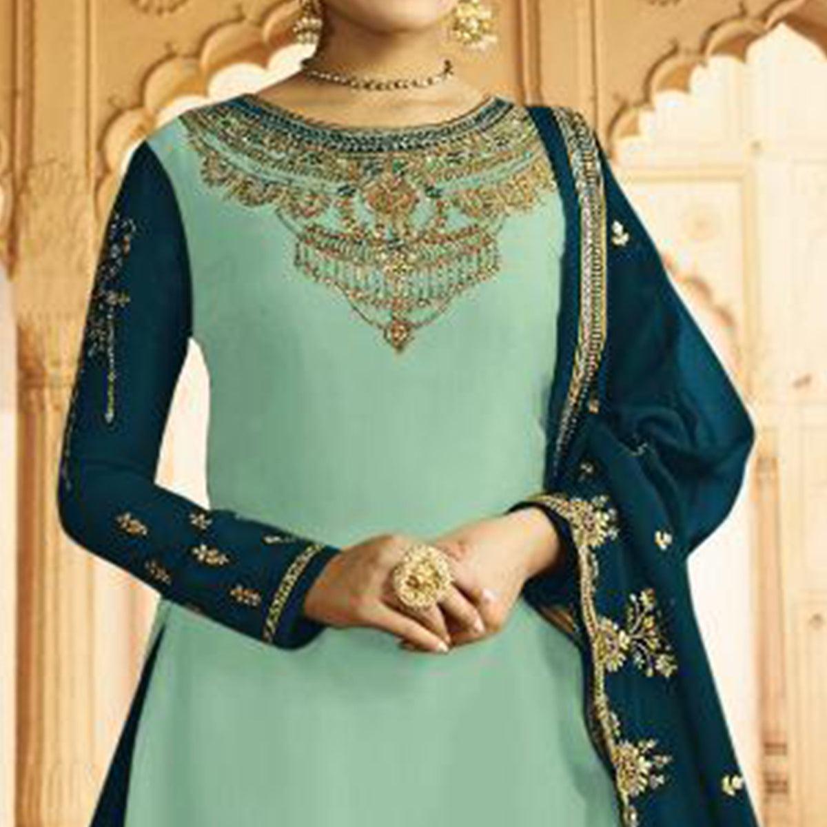 Elegant Sky Blue Colored Partywear Embroidered Georgette Satin Lehenga Kameez - Peachmode