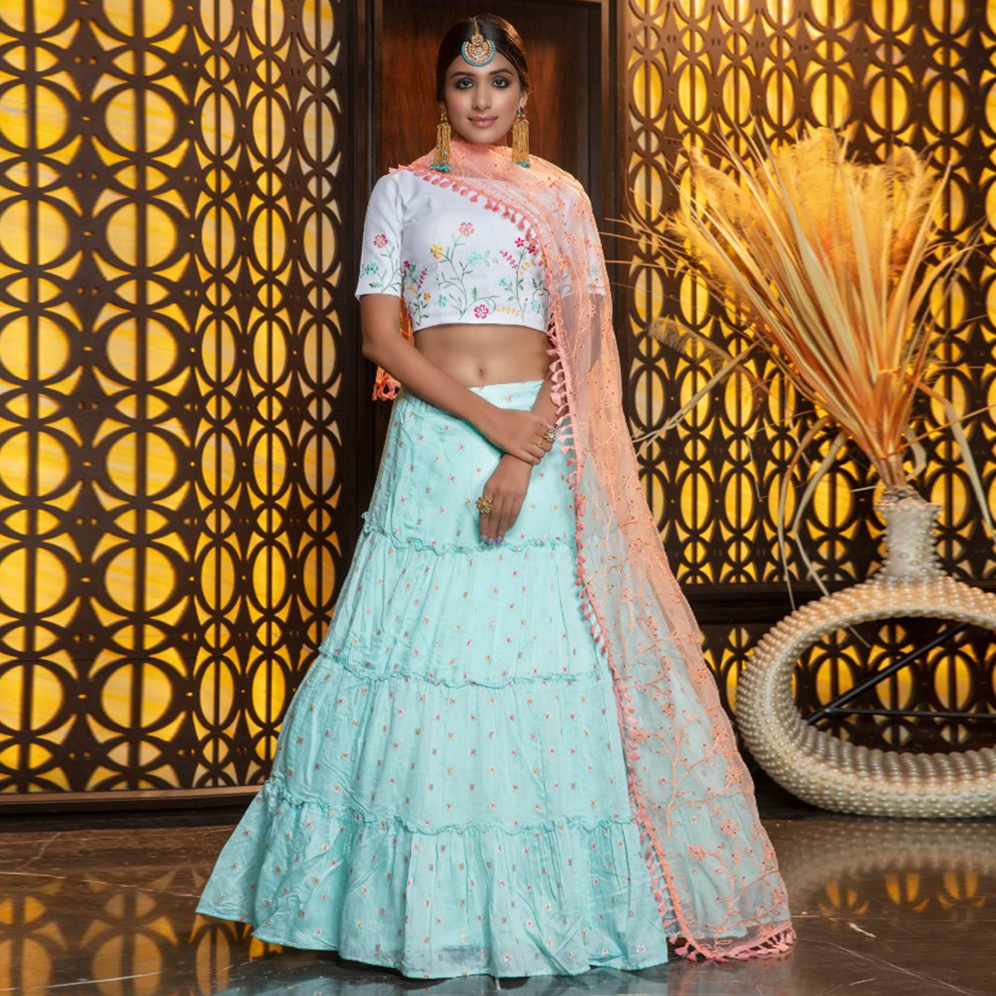 Elegant Sky Blue Colored Partywear Woven Cotton Lehenga Choli - Peachmode