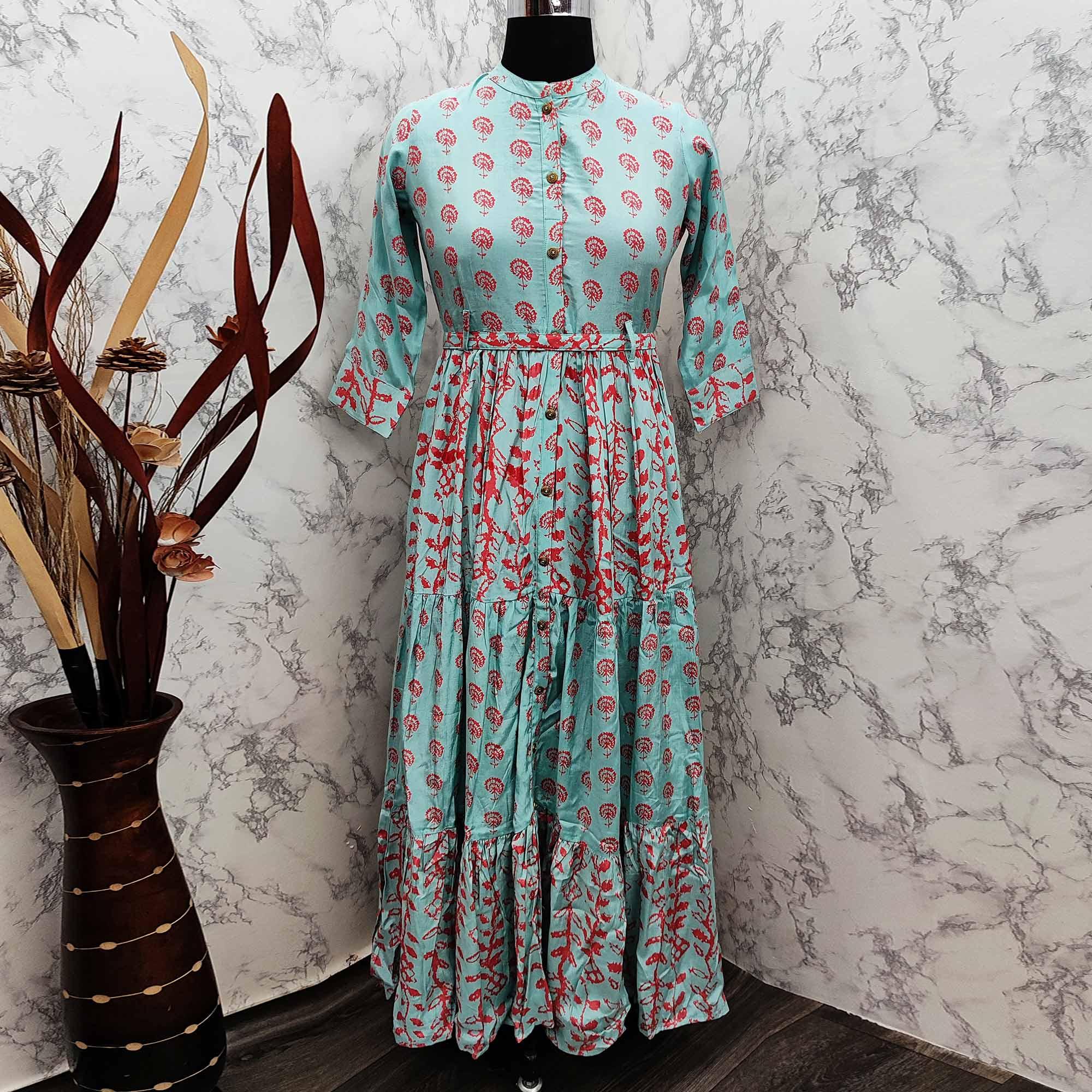 Elegant Turquoise Green Colored Partywear Printed Anarkali Style Cotton Silk Long Kurti - Peachmode