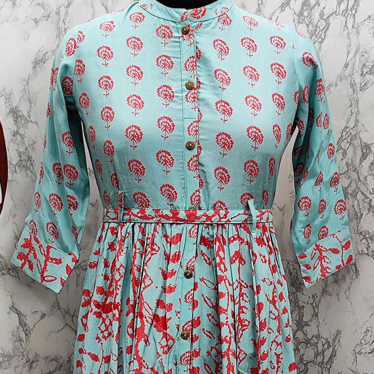 Elegant Turquoise Green Colored Partywear Printed Anarkali Style Cotton Silk Long Kurti - Peachmode