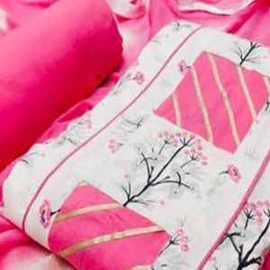 Elegant White - Pink Colored Casual Printed Cotton Dress Material - Peachmode