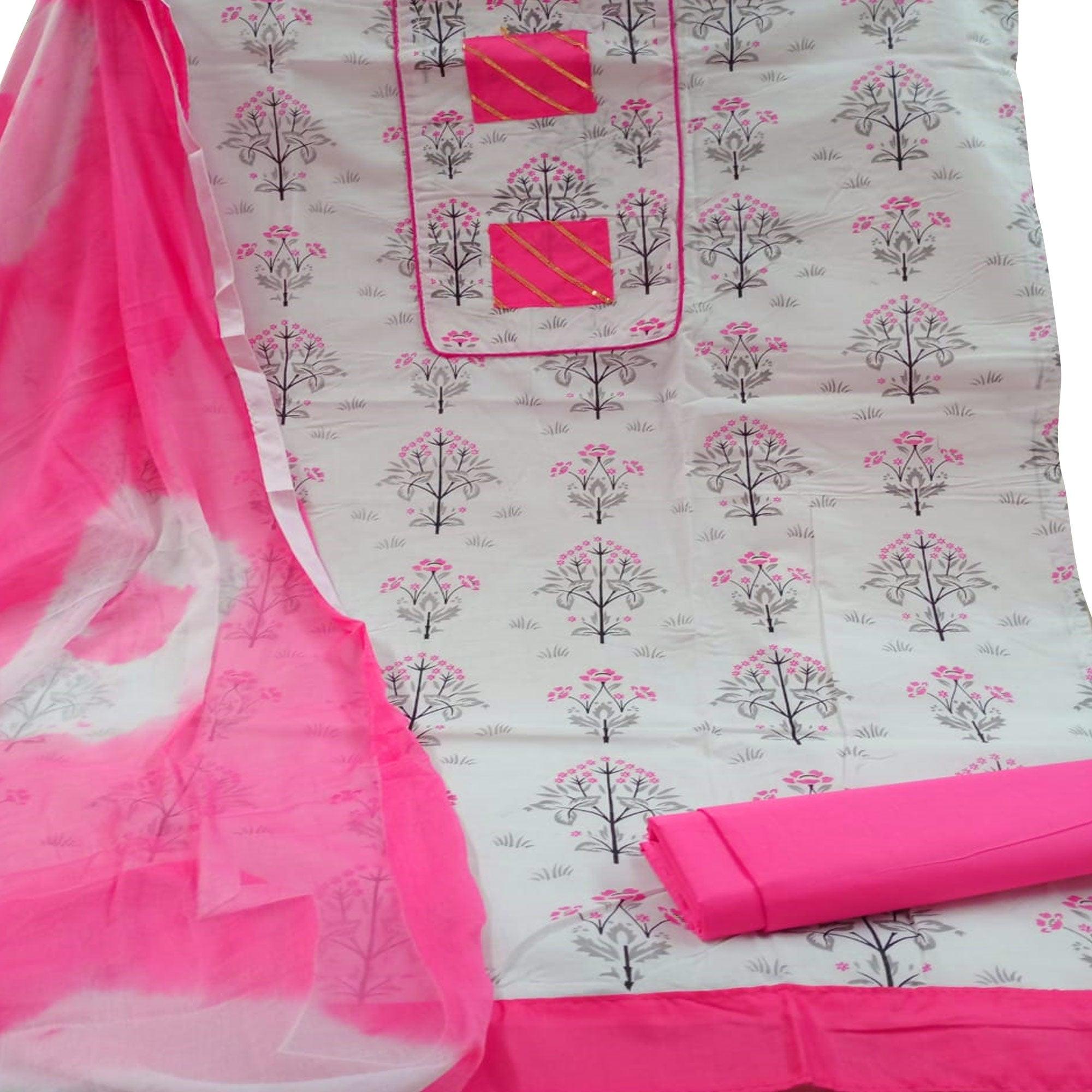 Elegant White - Pink Colored Casual Printed Cotton Dress Material - Peachmode