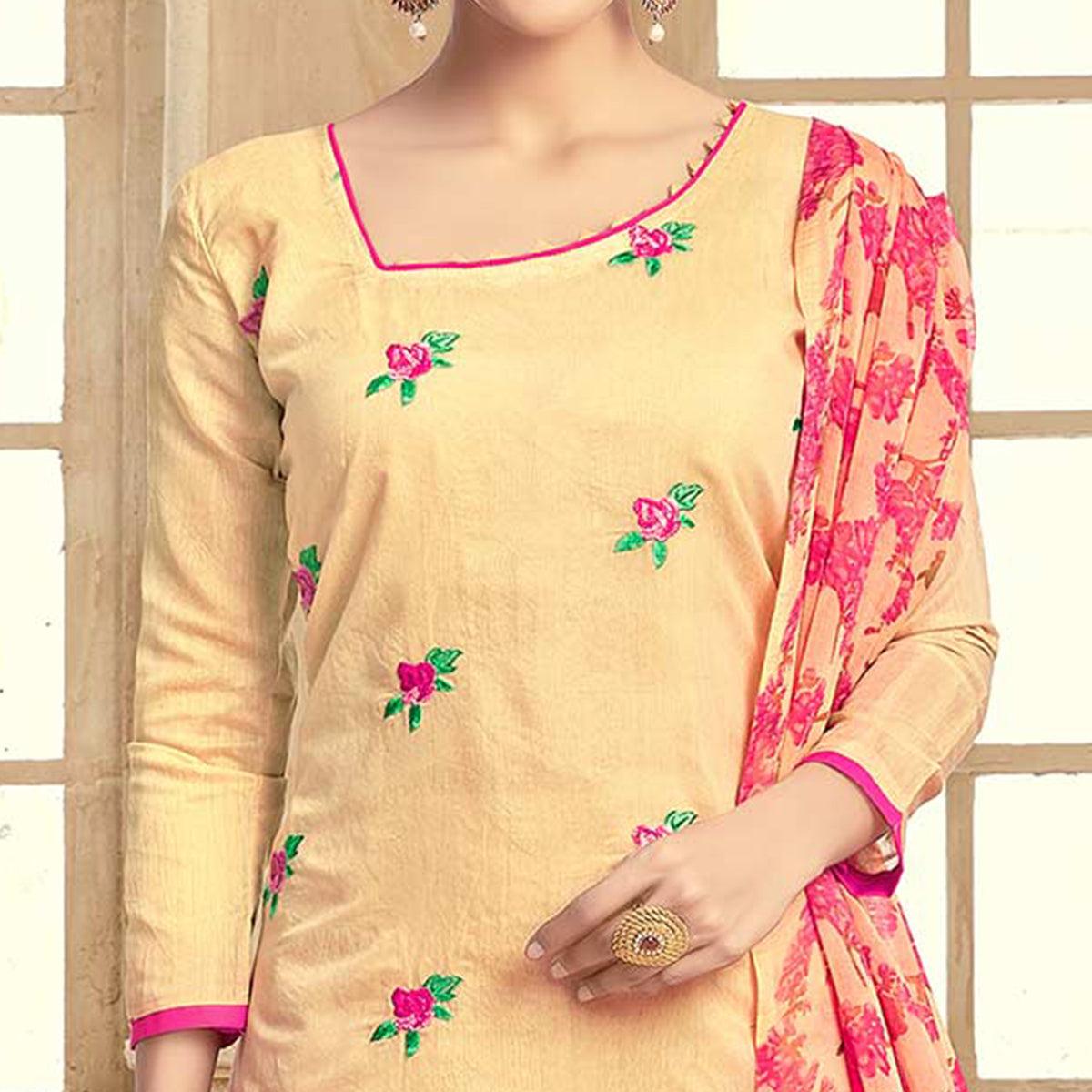 Elegant Yellow Colored Partywear Embroidered Chanderi Suit - Peachmode