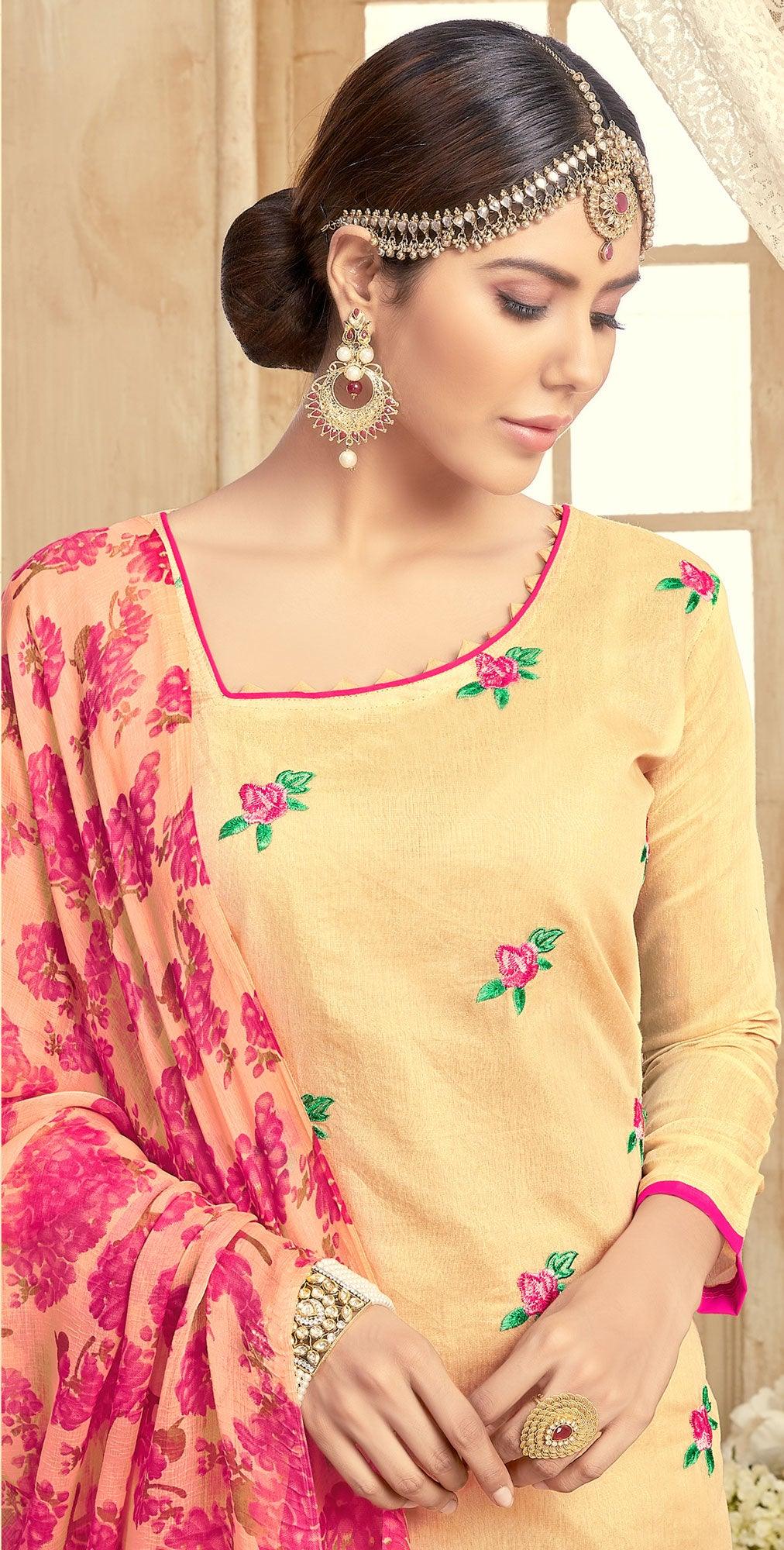Elegant Yellow Colored Partywear Embroidered Chanderi Suit - Peachmode