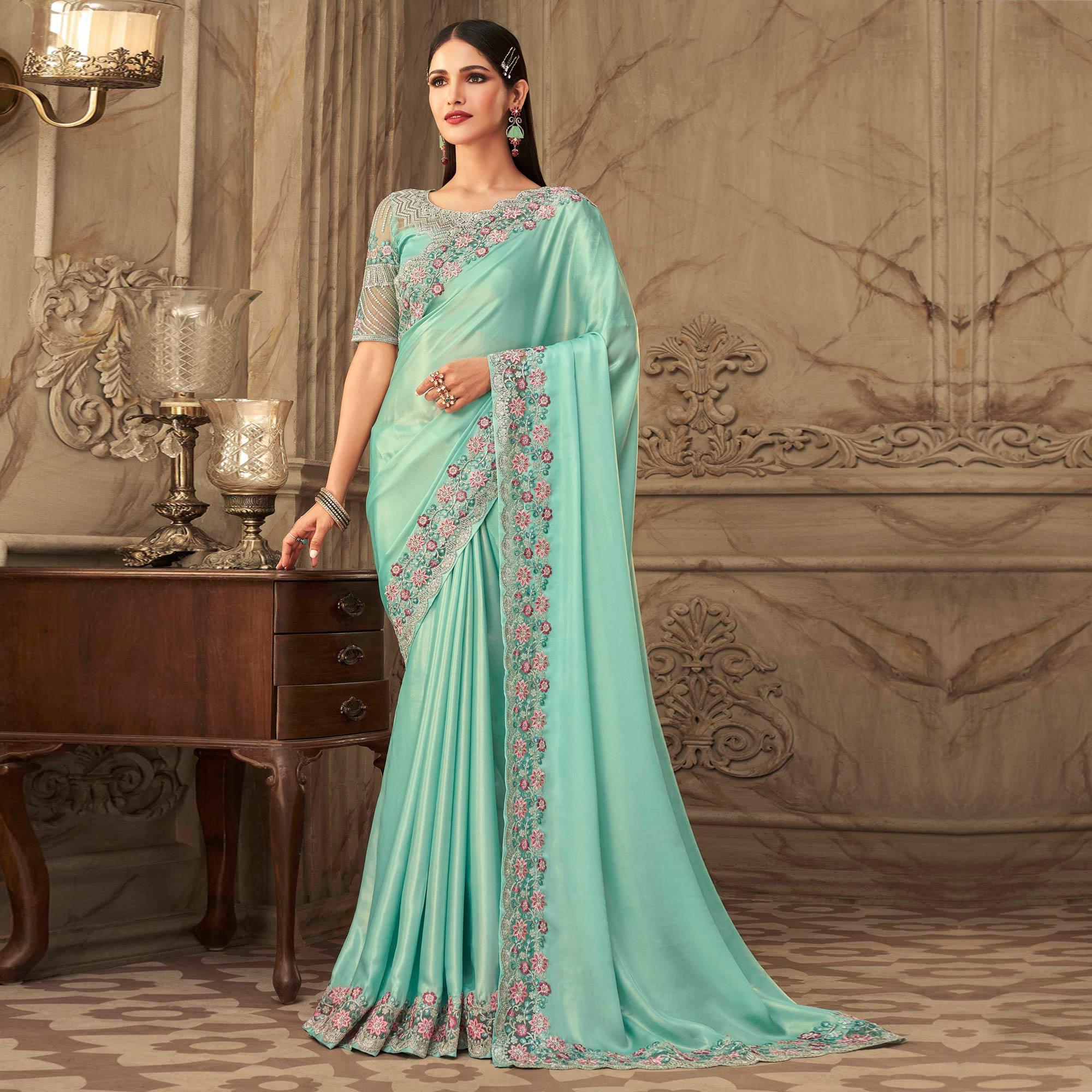 Embroidered Silk Saree Turquoise Partywear Sequence - Peachmode