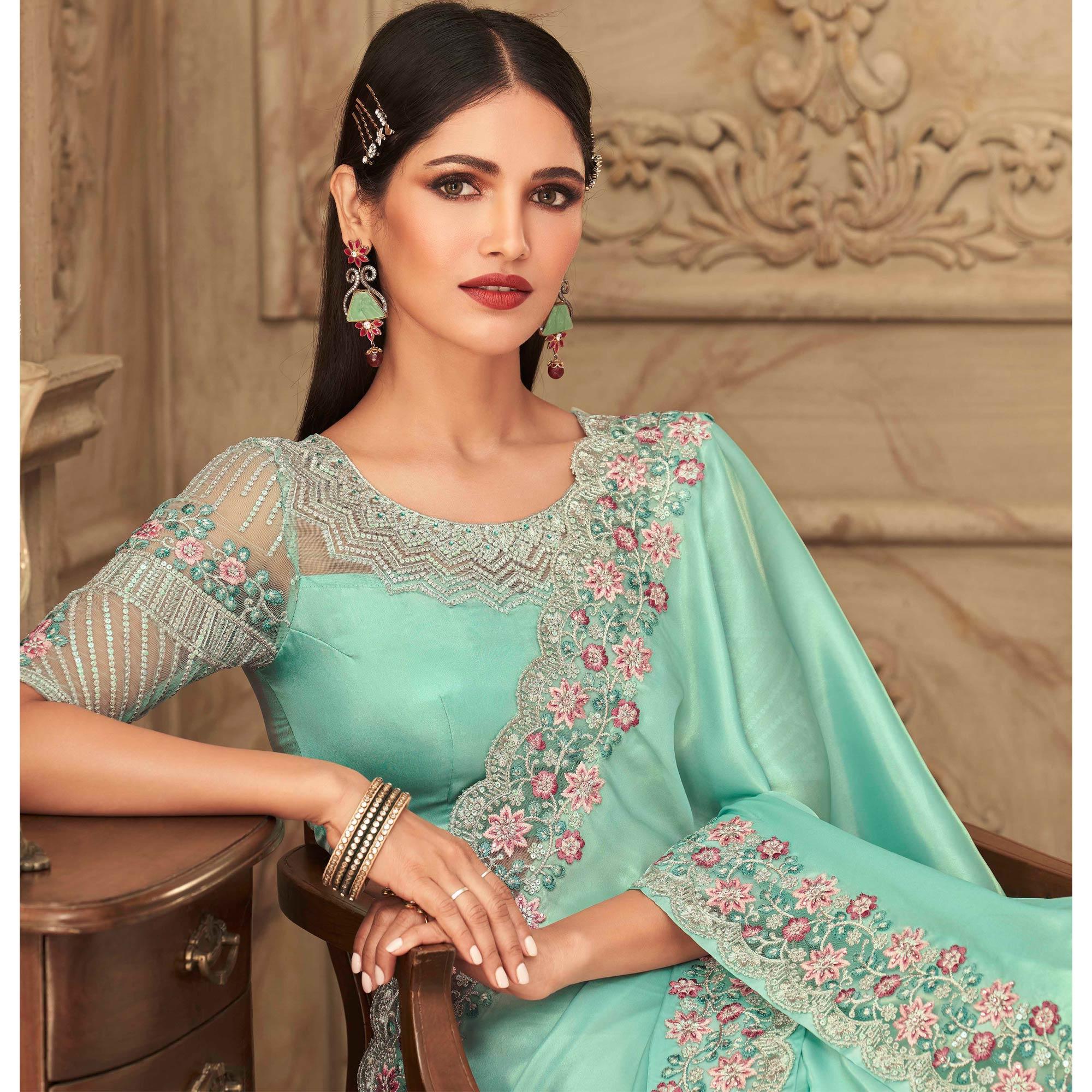 Embroidered Silk Saree Turquoise Partywear Sequence - Peachmode
