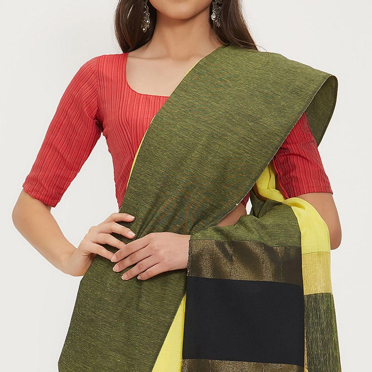 Enchanting Yellow Colored Casual Wear Linen Saree With 2 Blouse Pieces - Peachmode