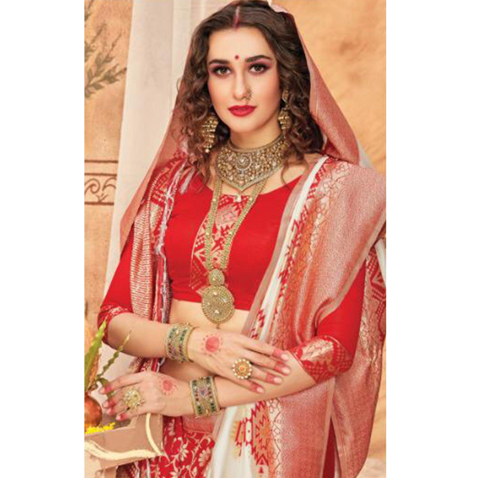 Energeti Cream & Red Colored Festive Wear Woven Silk Blend Saree With Tassels - Peachmode