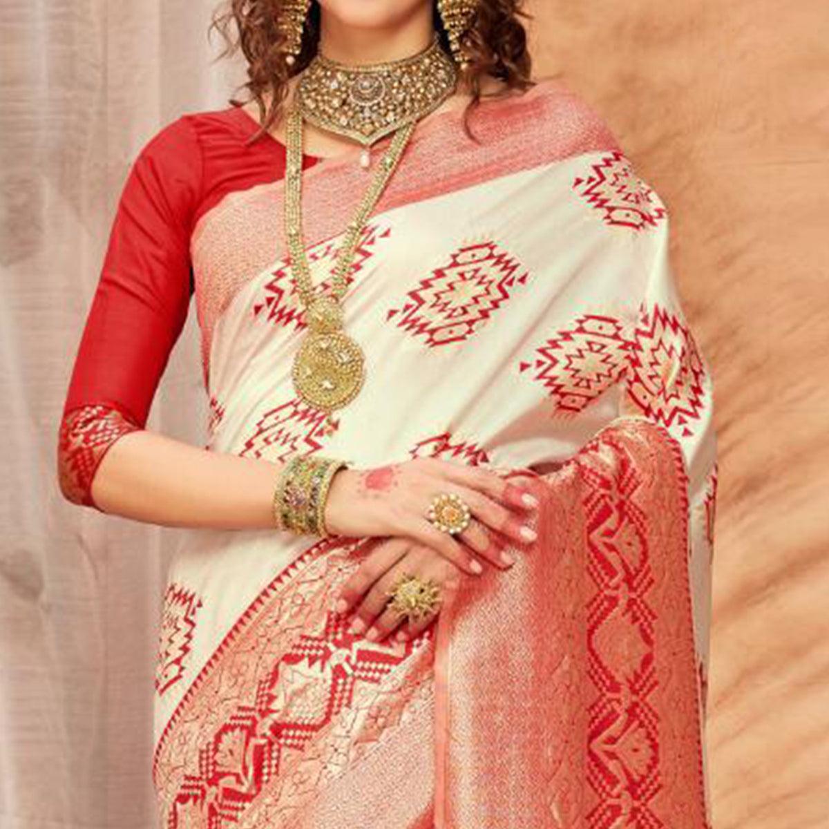 Energeti Cream & Red Colored Festive Wear Woven Silk Blend Saree With Tassels - Peachmode