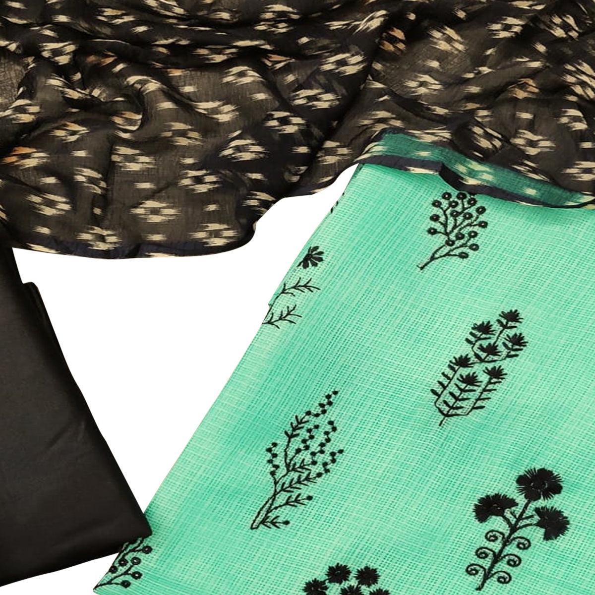Energetic Aqua Blue Colored Casual Wear Embroidered Kota Silk Dress Material - Peachmode