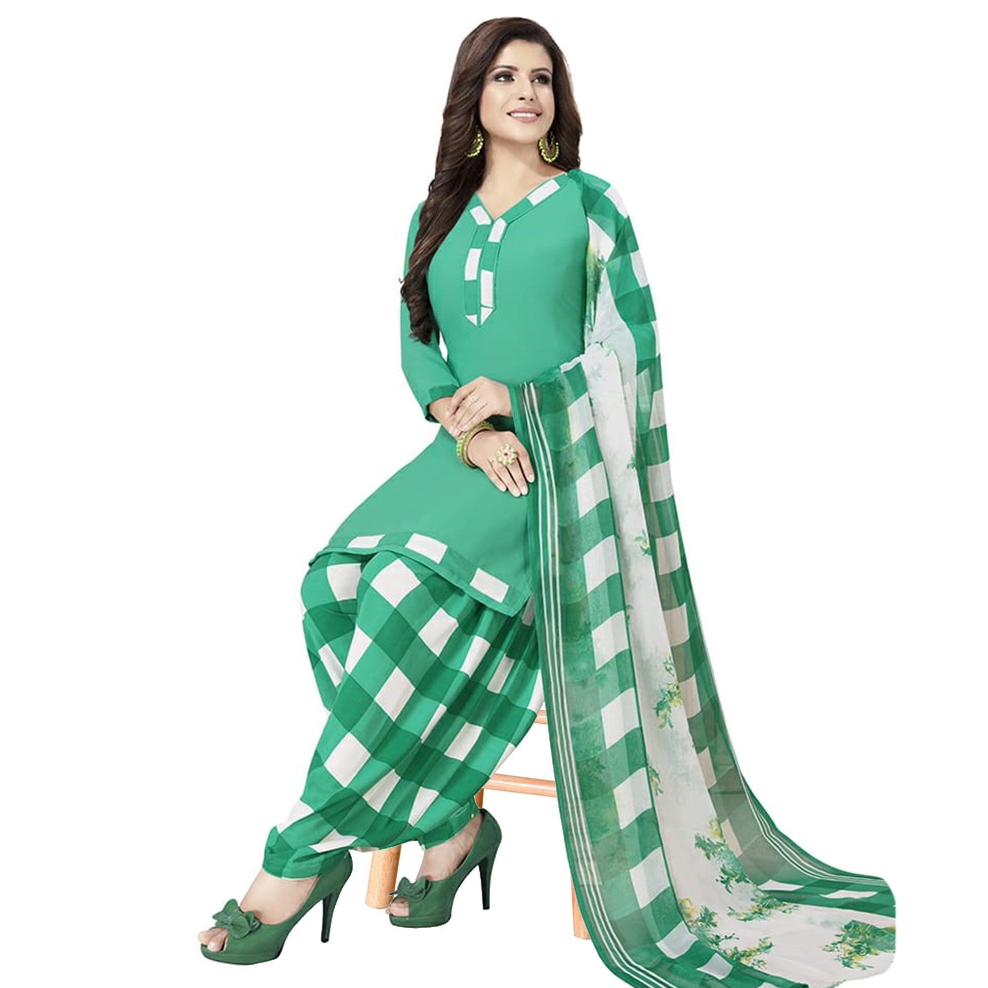 Energetic Aqua Green Colored Casual Printed Crepe Patiala Dress Material - Peachmode