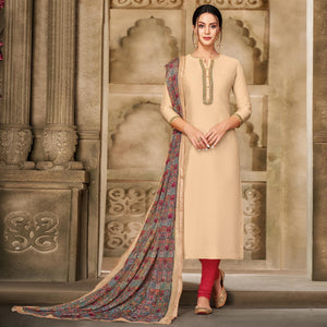Energetic Beige Colored Casual Wear Embroidered Chanderi Dress Material - Peachmode