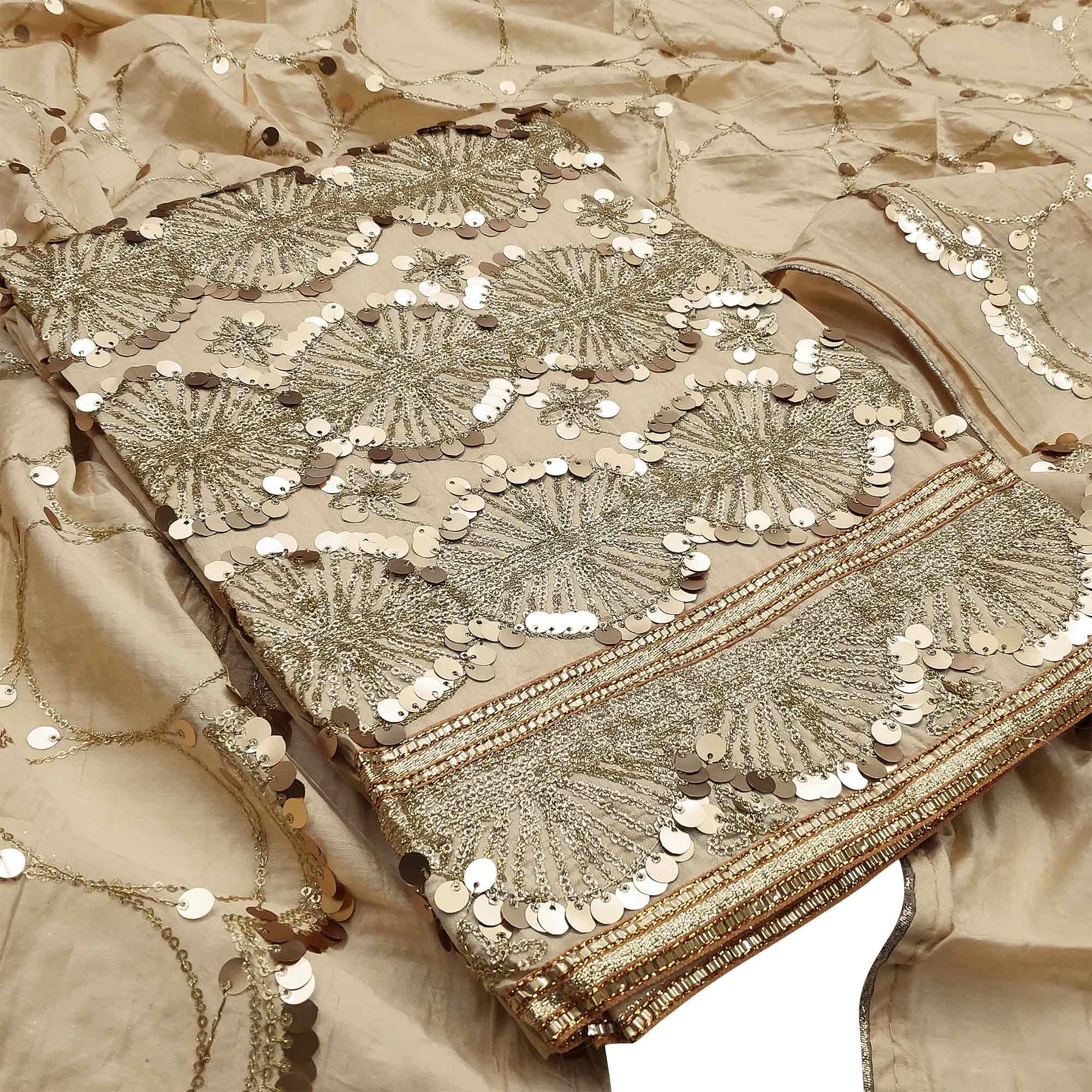 Energetic Beige Colored Festive Wear Embroidered Modal Silk Dress Material - Peachmode