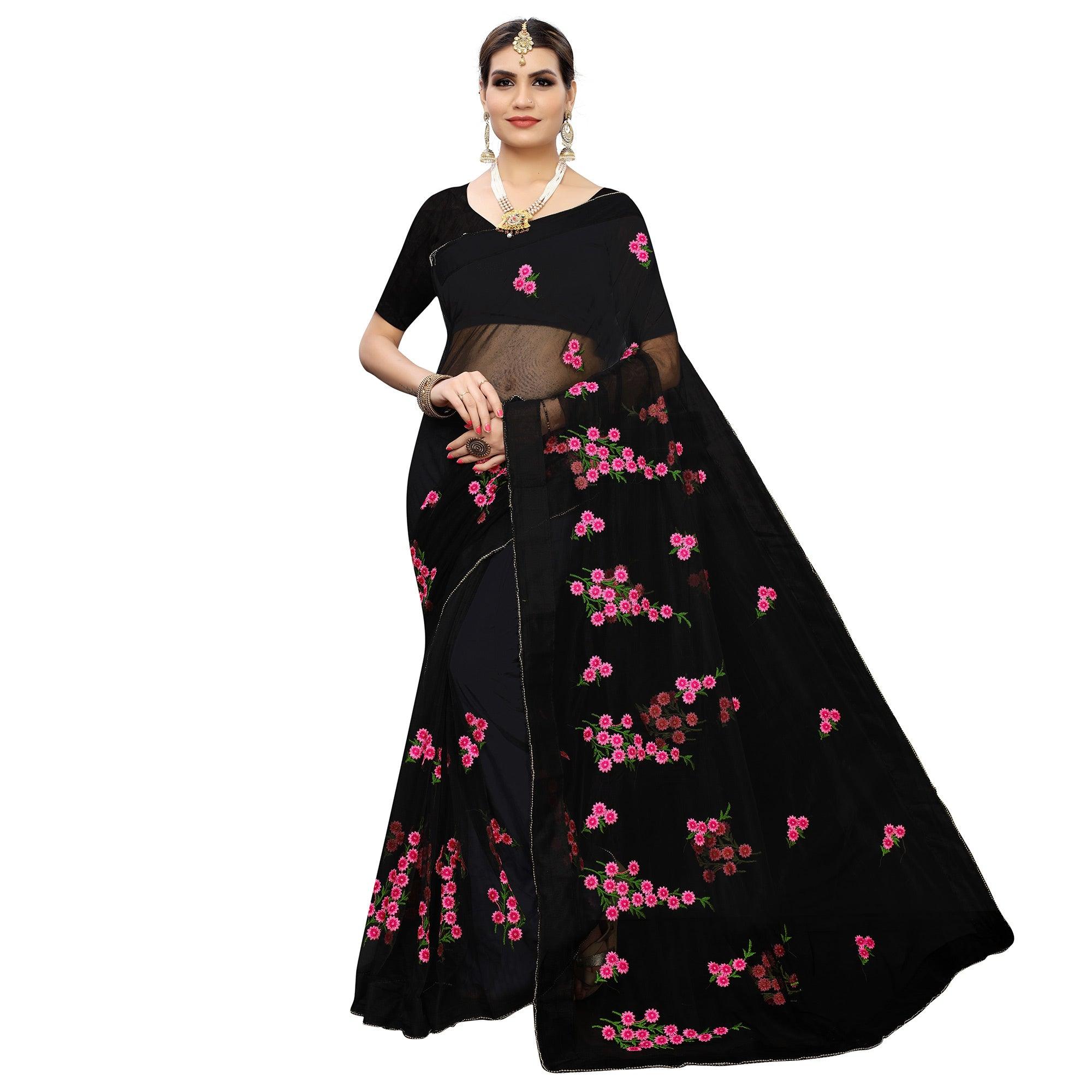 Energetic Black Colored Embroidered Net Saree - Peachmode