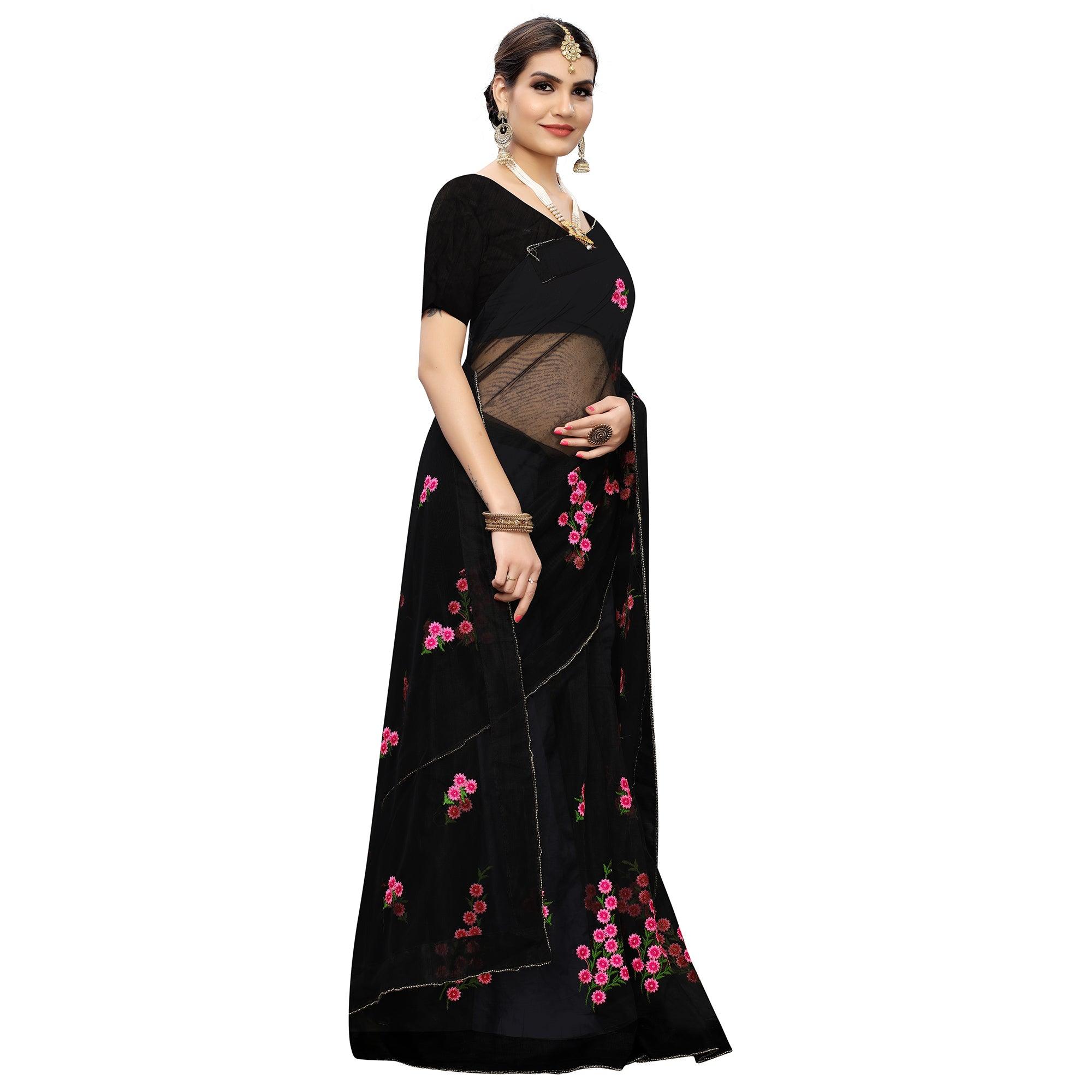 Energetic Black Colored Embroidered Net Saree - Peachmode