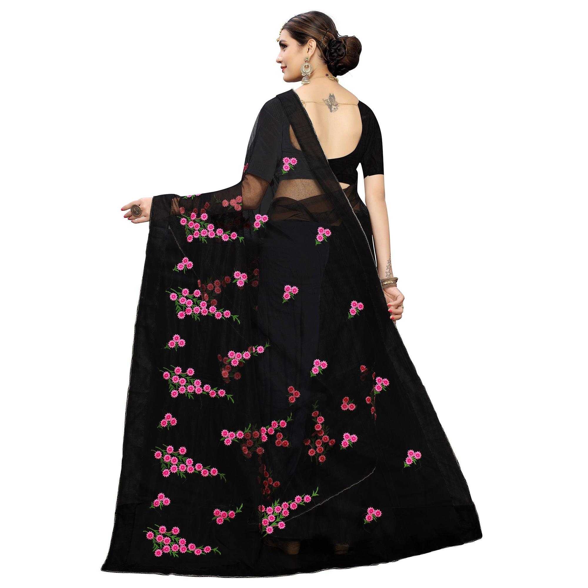 Energetic Black Colored Embroidered Net Saree - Peachmode