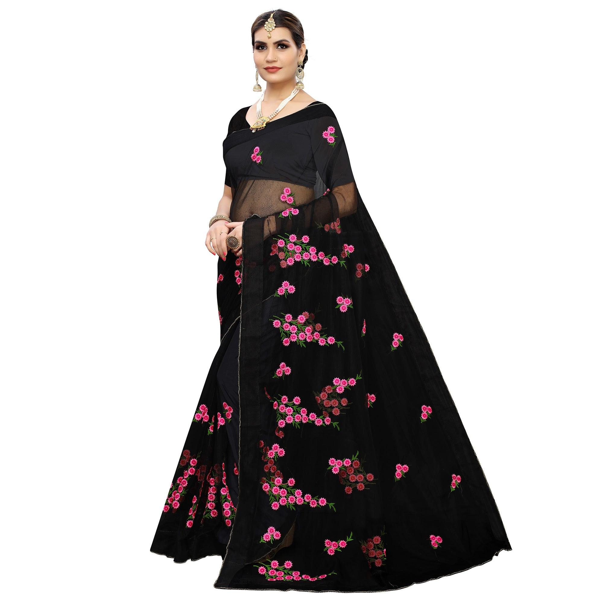 Energetic Black Colored Embroidered Net Saree - Peachmode