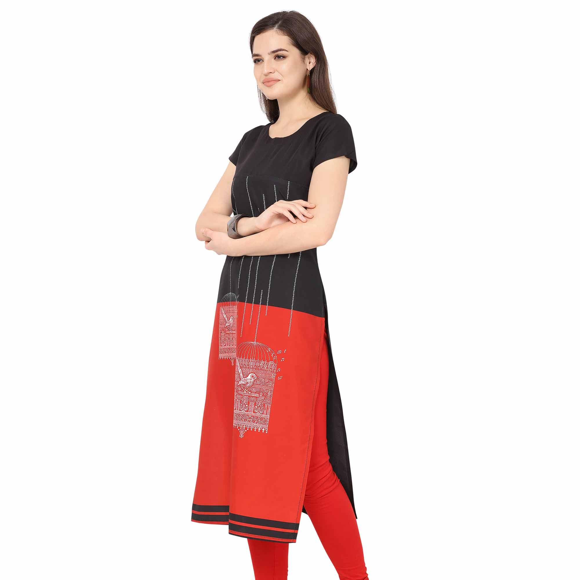 Energetic Black-Red Colored Casual Printed Crepe Kurti - Peachmode