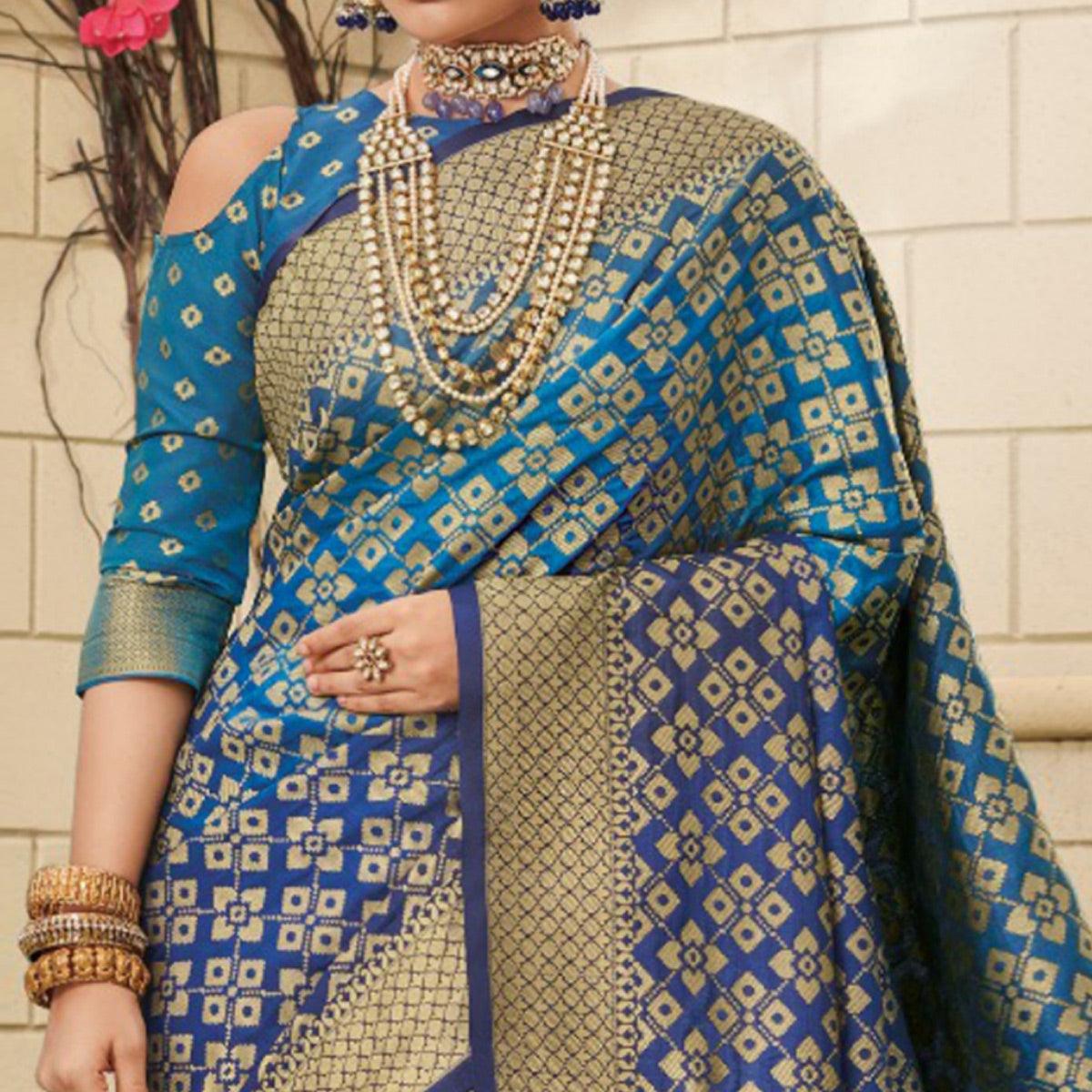 Energetic Blue Colored Festive Wear Woven Soft Silk Saree - Peachmode