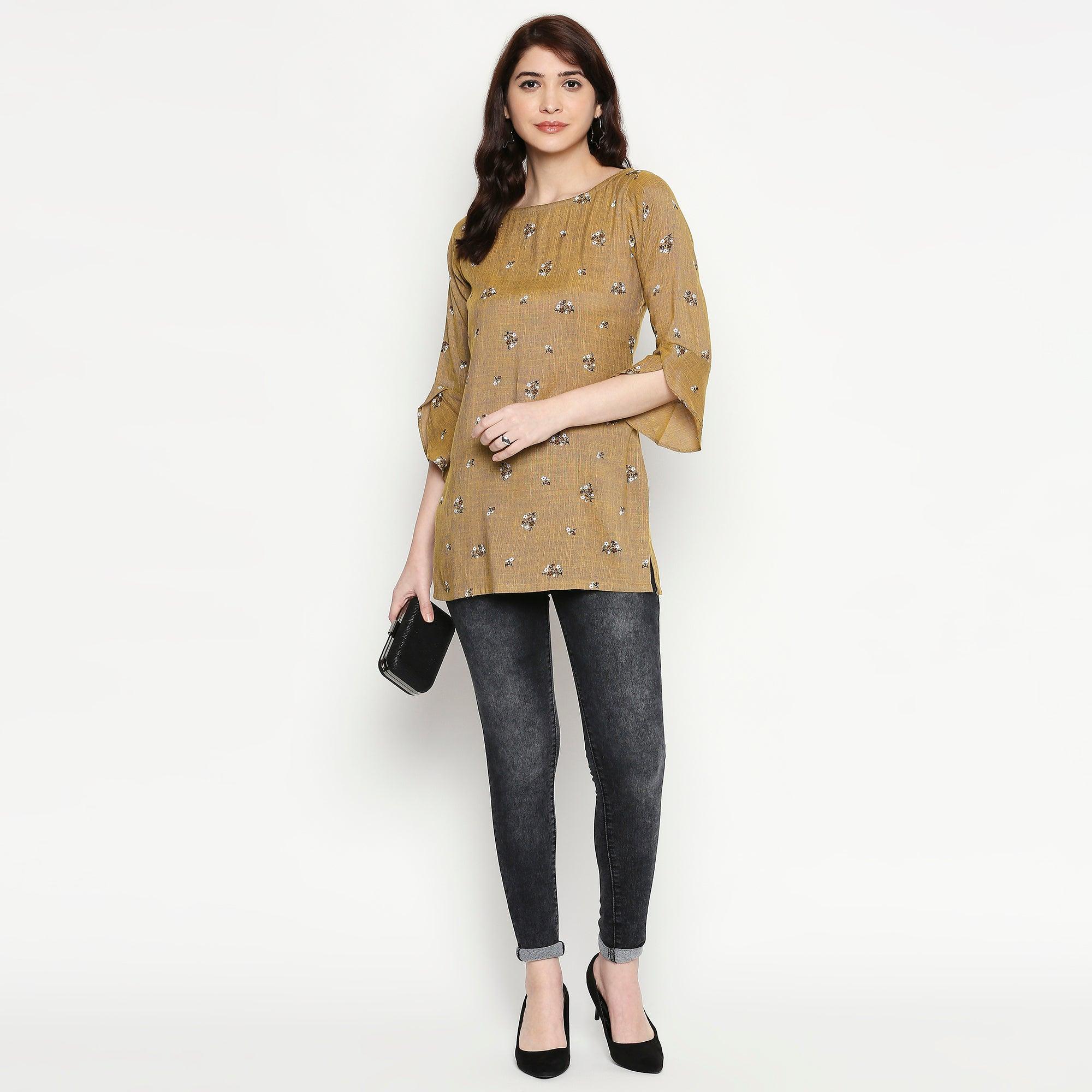 Energetic Brown Colored Casual Wear Printed Cotton Western Top - Peachmode