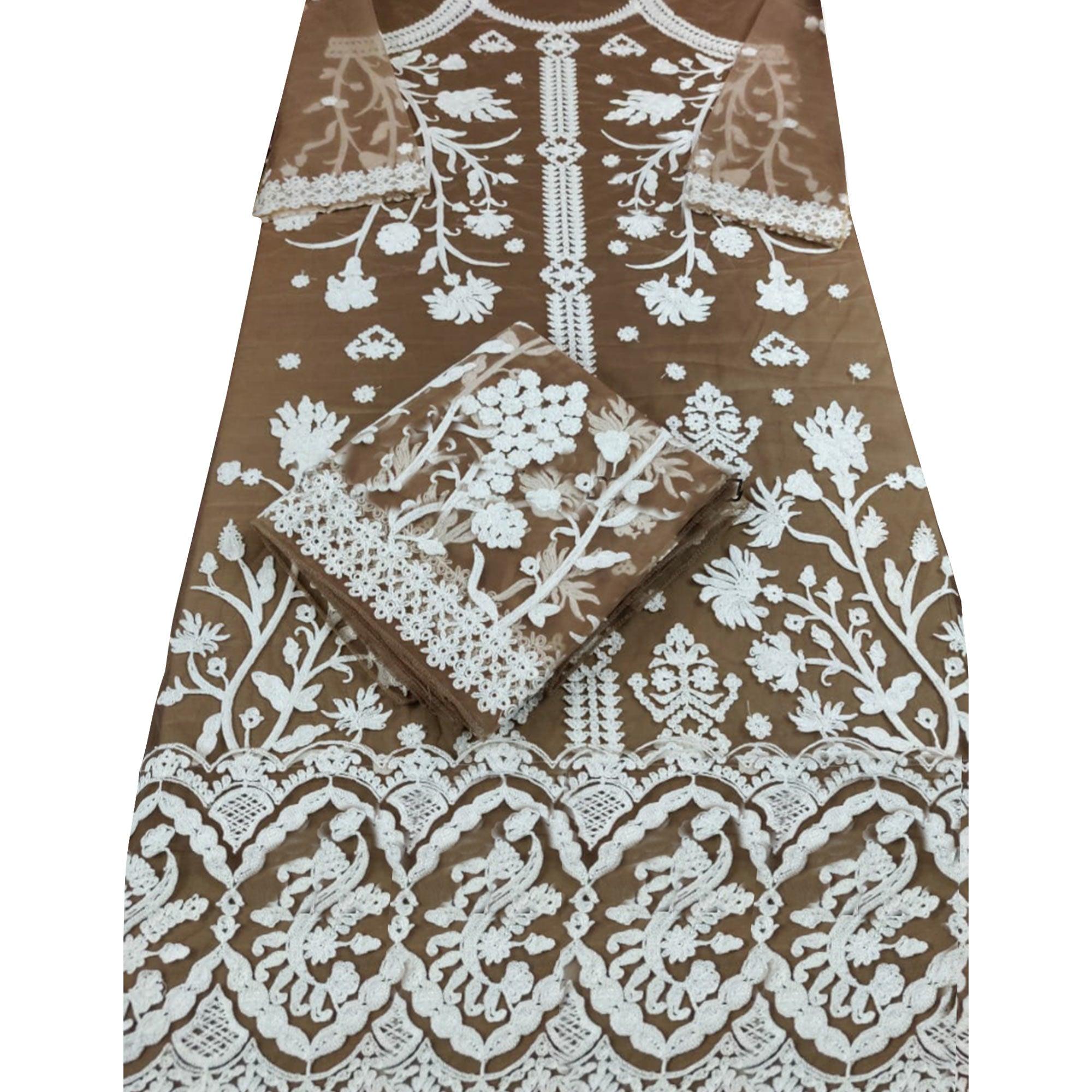 Energetic Brown Colored Partywear Embroidered Netted Palazzo Suit - Peachmode
