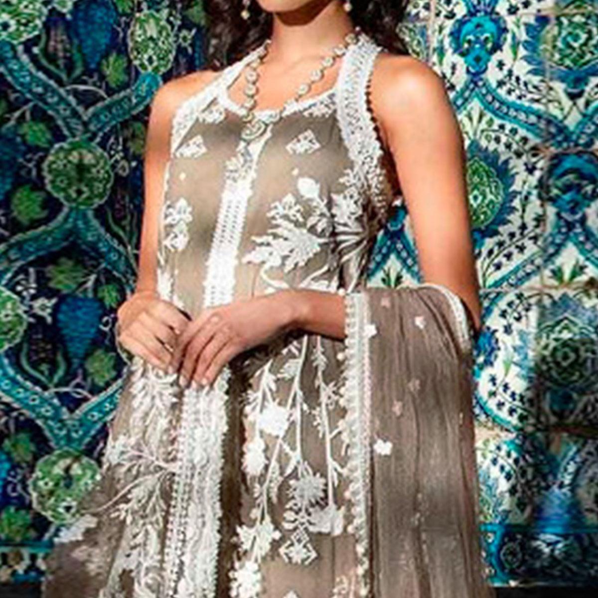 Energetic Brown Colored Partywear Embroidered Netted Palazzo Suit - Peachmode