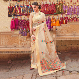 Energetic Cream Colored Partywear Printed Linen Saree - Peachmode